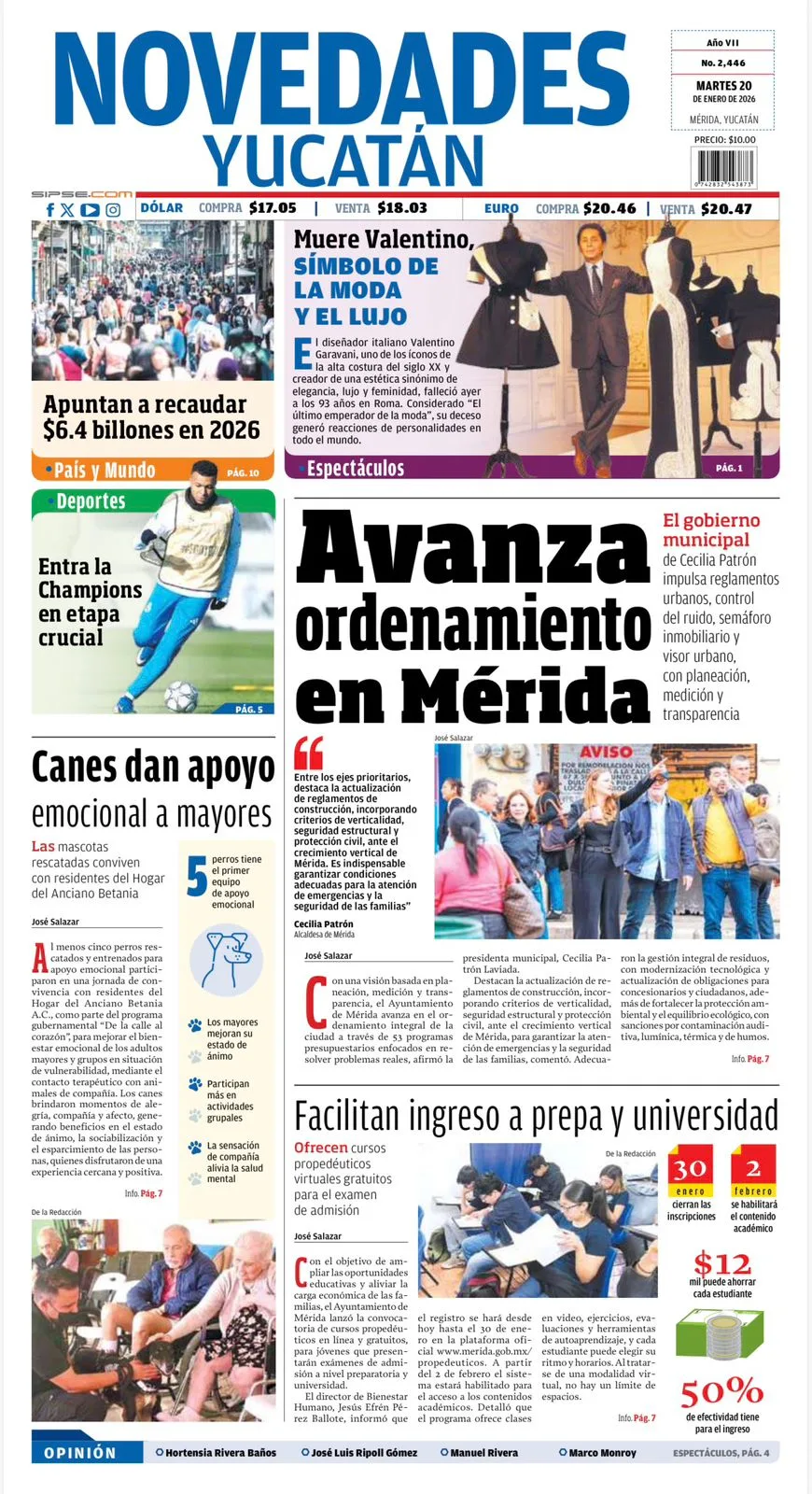 Portada de Novedades Yucatan del martes, 20 de enero de 2026