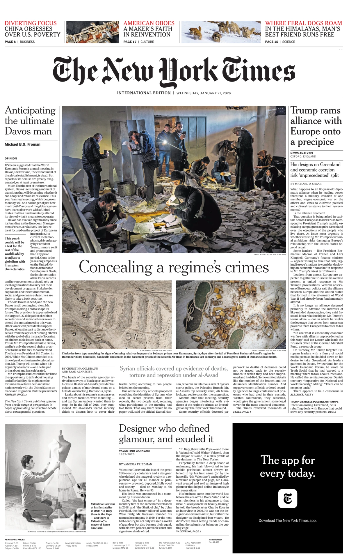 Portada de The New York Times (international) del miércoles, 21 de enero de 2026