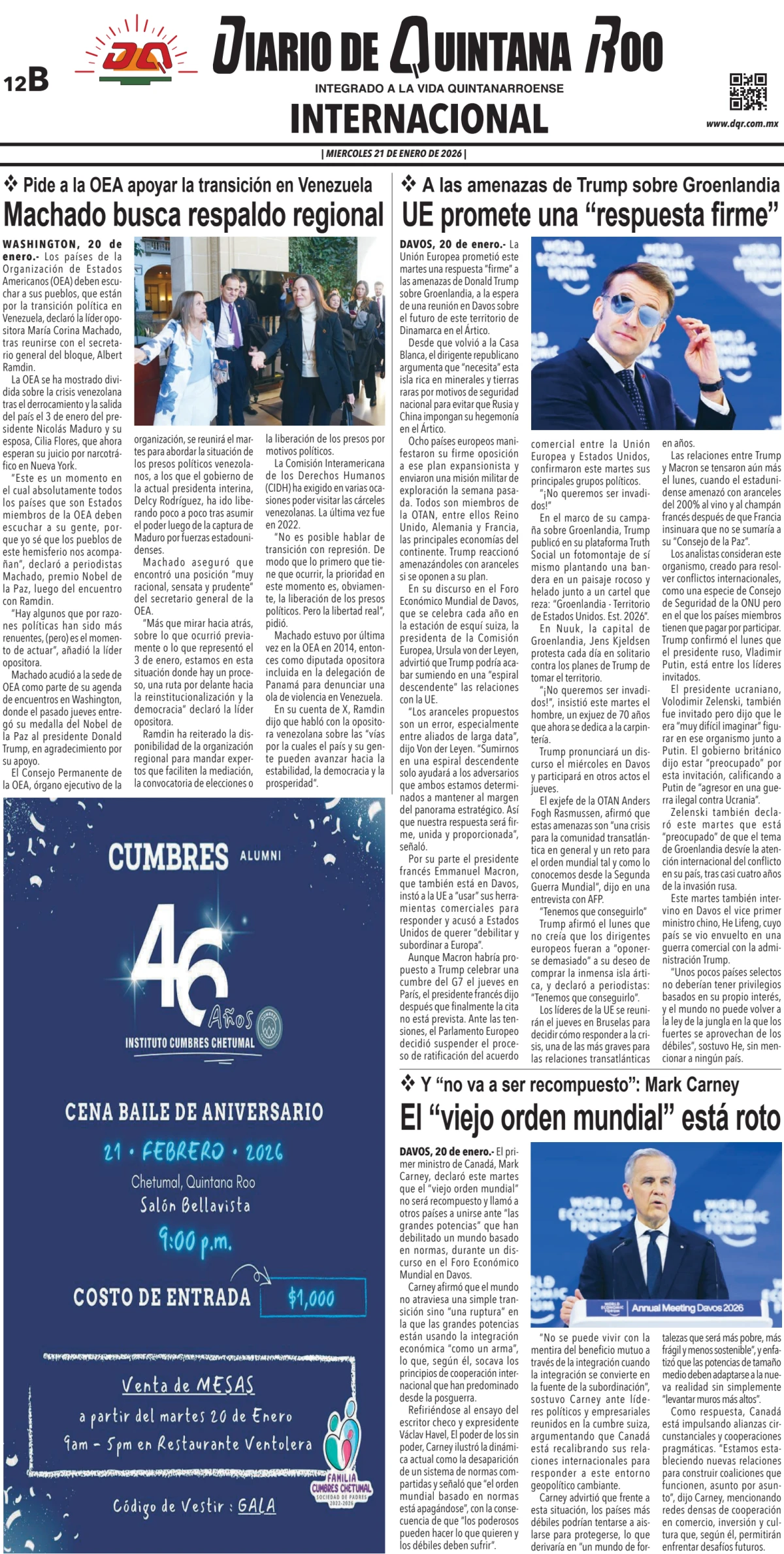 Portada de Diario de Quintana Roo (contra Portada) del martes, 27 de enero de 2026