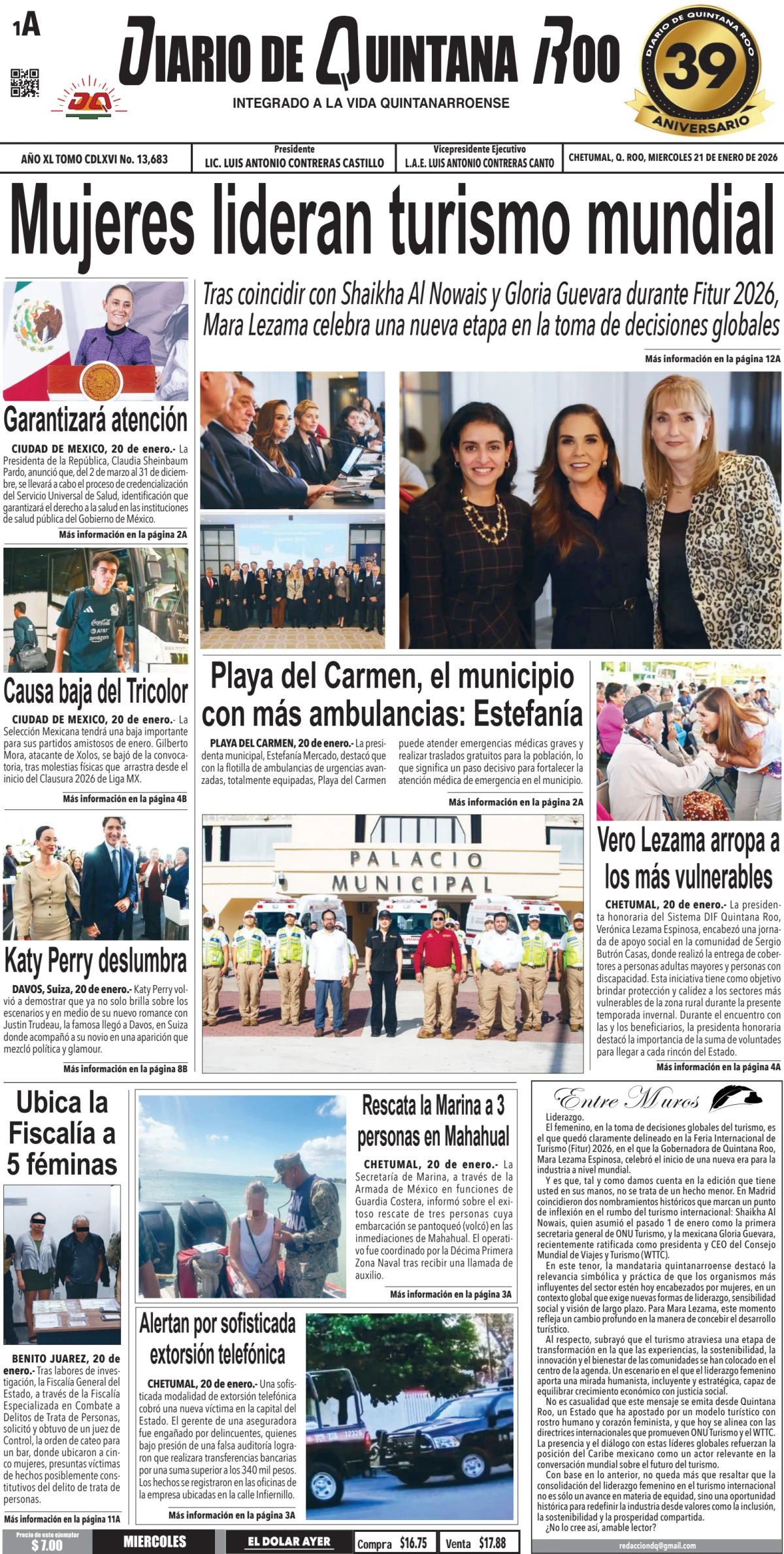 Portada de Diario de Quintana Roo (portada) del miércoles, 21 de enero de 2026