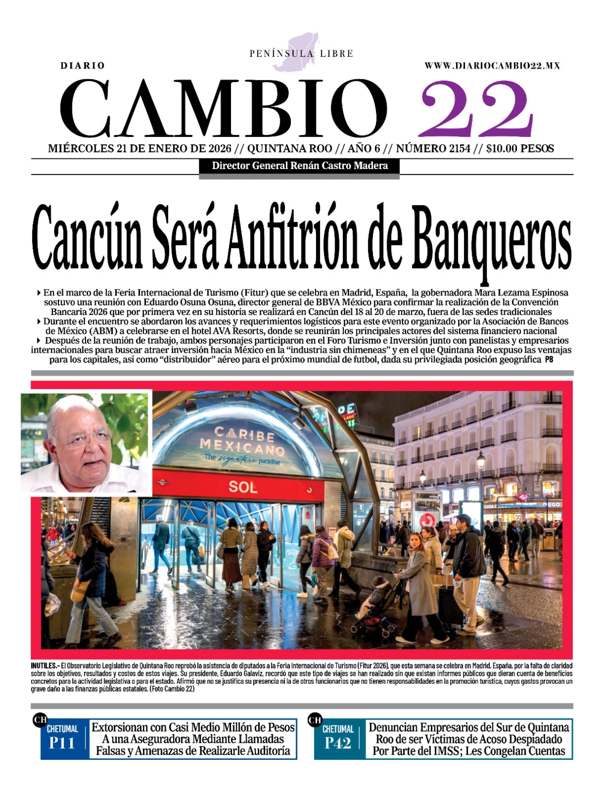 Portada de Diario Cambio 22 (contraportada) del miércoles, 21 de enero de 2026