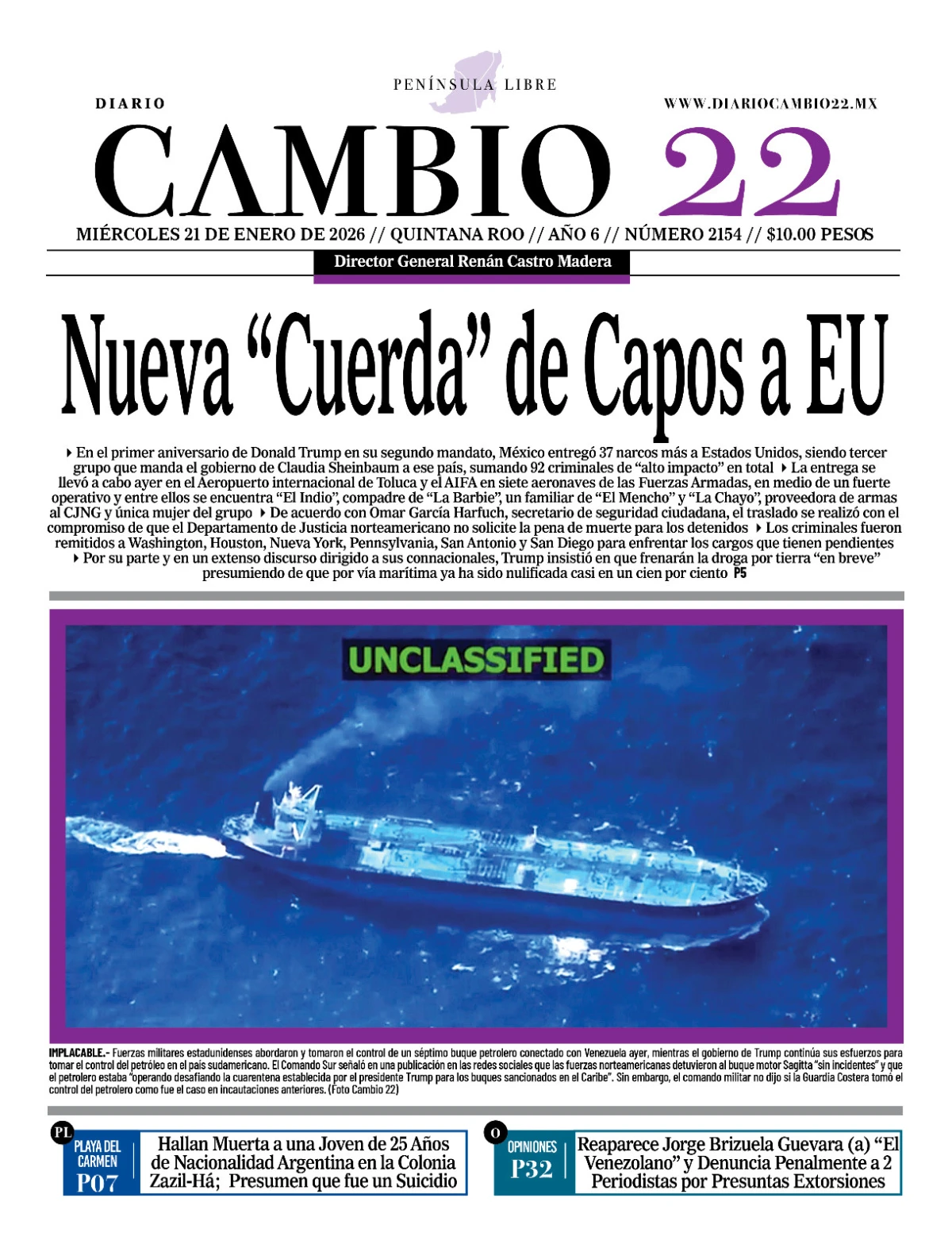 Portada de Diario Cambio 22 (portada) del miércoles, 21 de enero de 2026