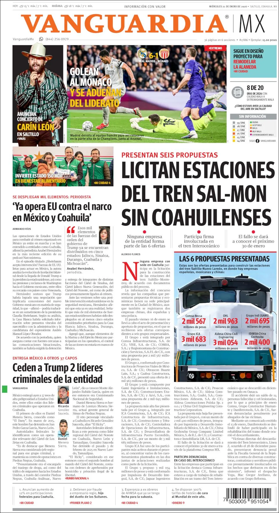 Portada de Vanguardia del miércoles, 21 de enero de 2026