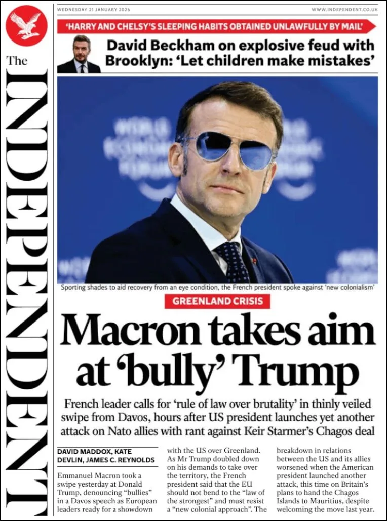 Portada de The Independent del miércoles, 21 de enero de 2026