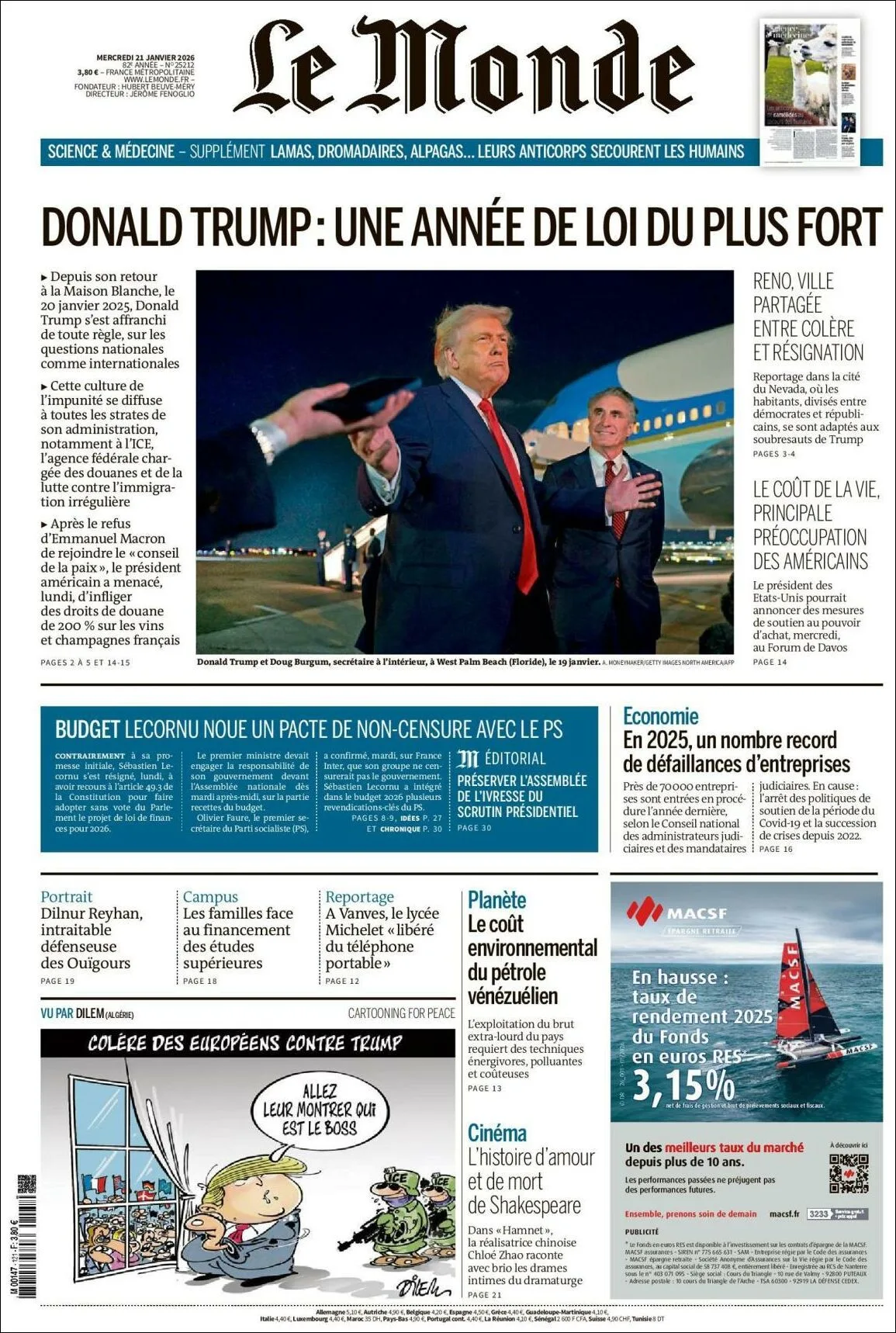 Portada de Le Monde del miércoles, 21 de enero de 2026