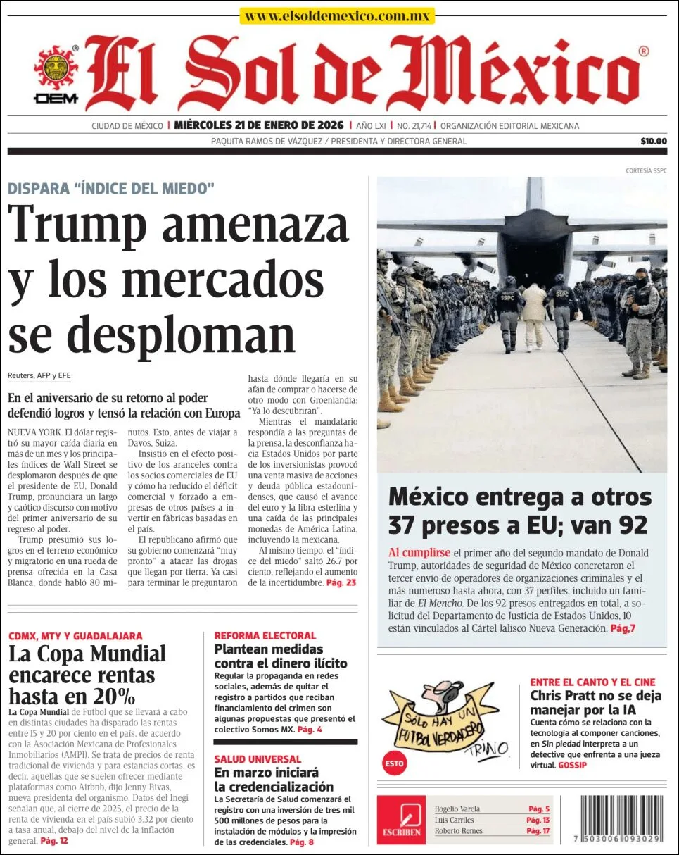 Portada de El Sol de Mexico del miércoles, 21 de enero de 2026