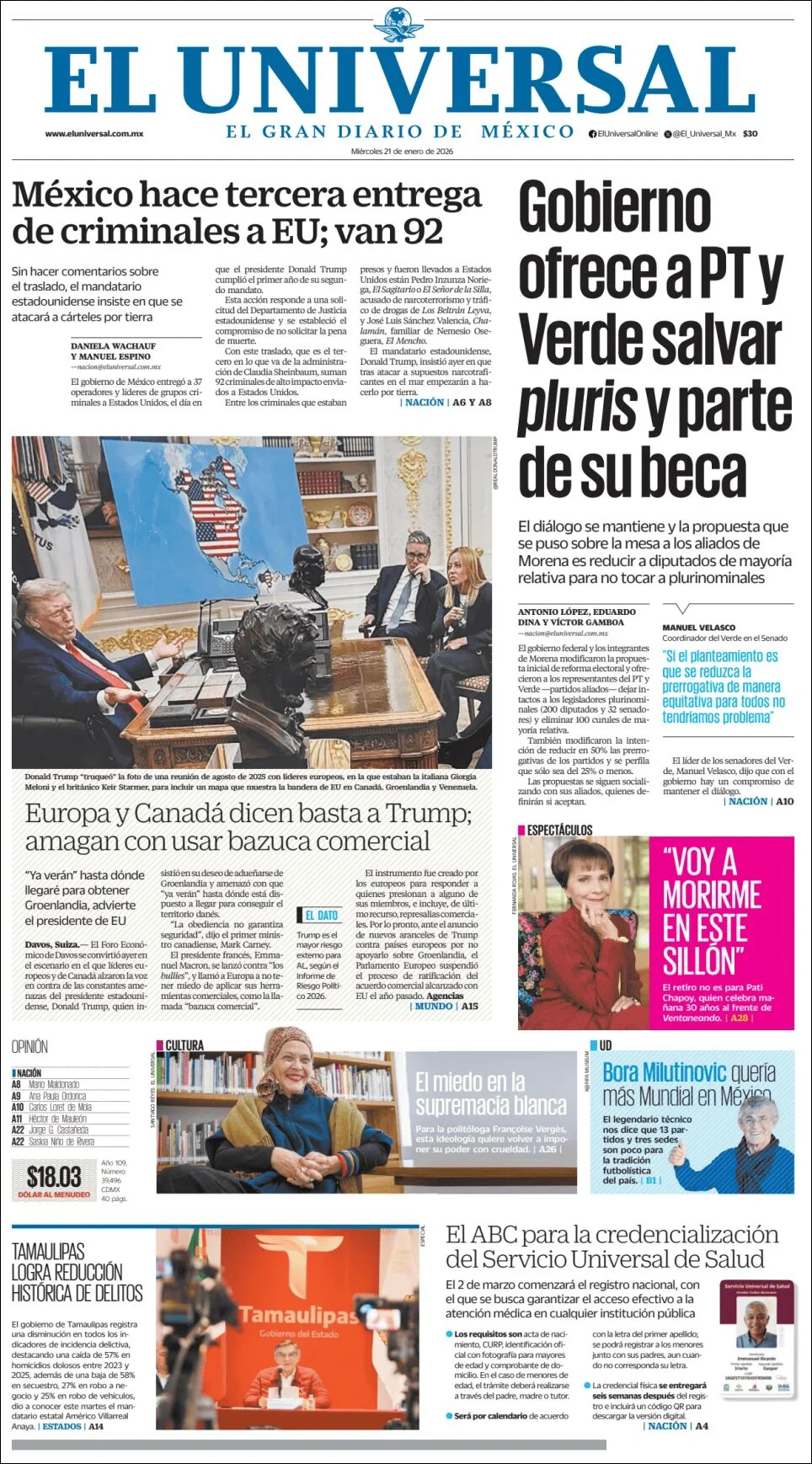 Portada de El Universal del miércoles, 21 de enero de 2026
