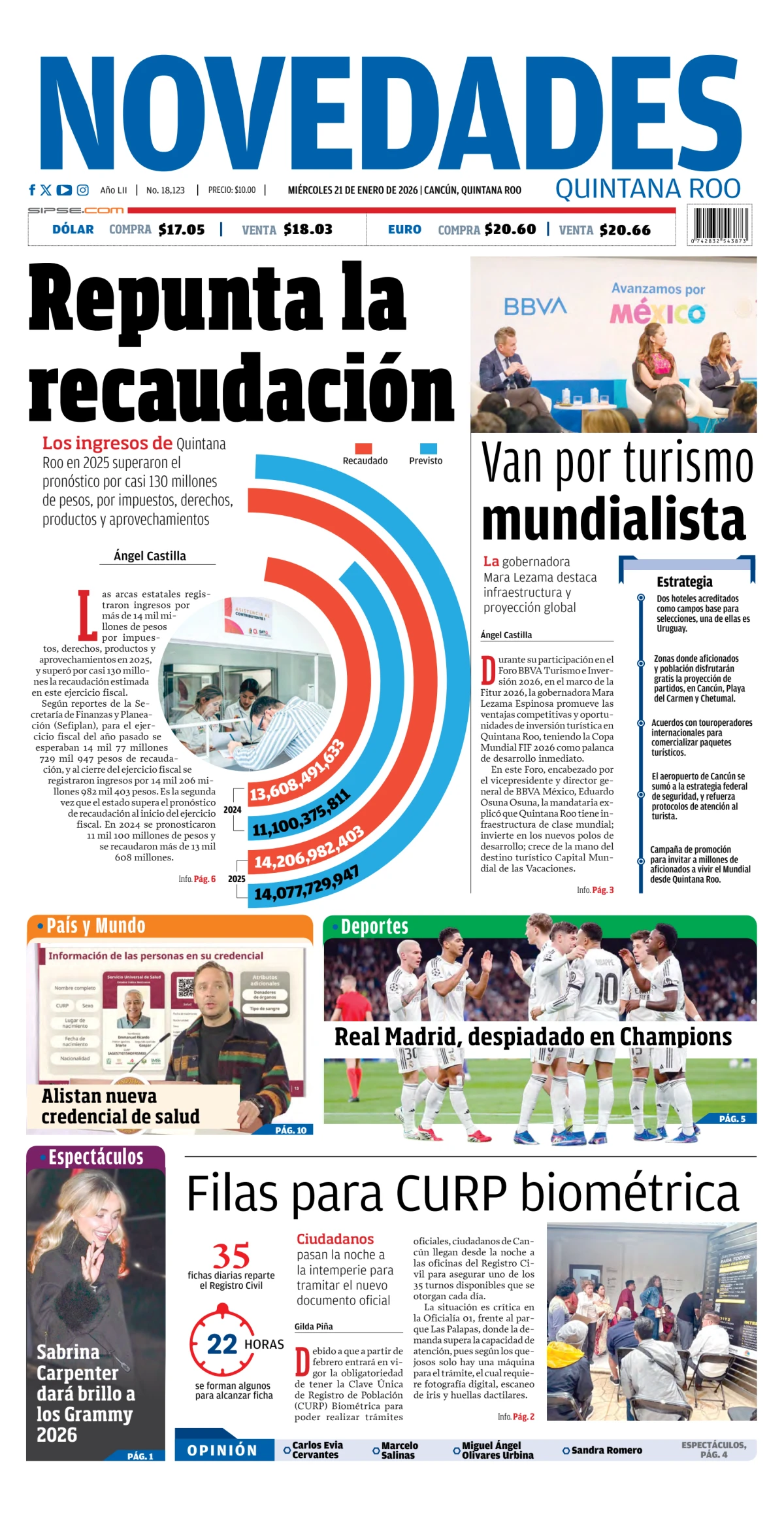 Portada de Novedades Quintana Roo del miércoles, 21 de enero de 2026