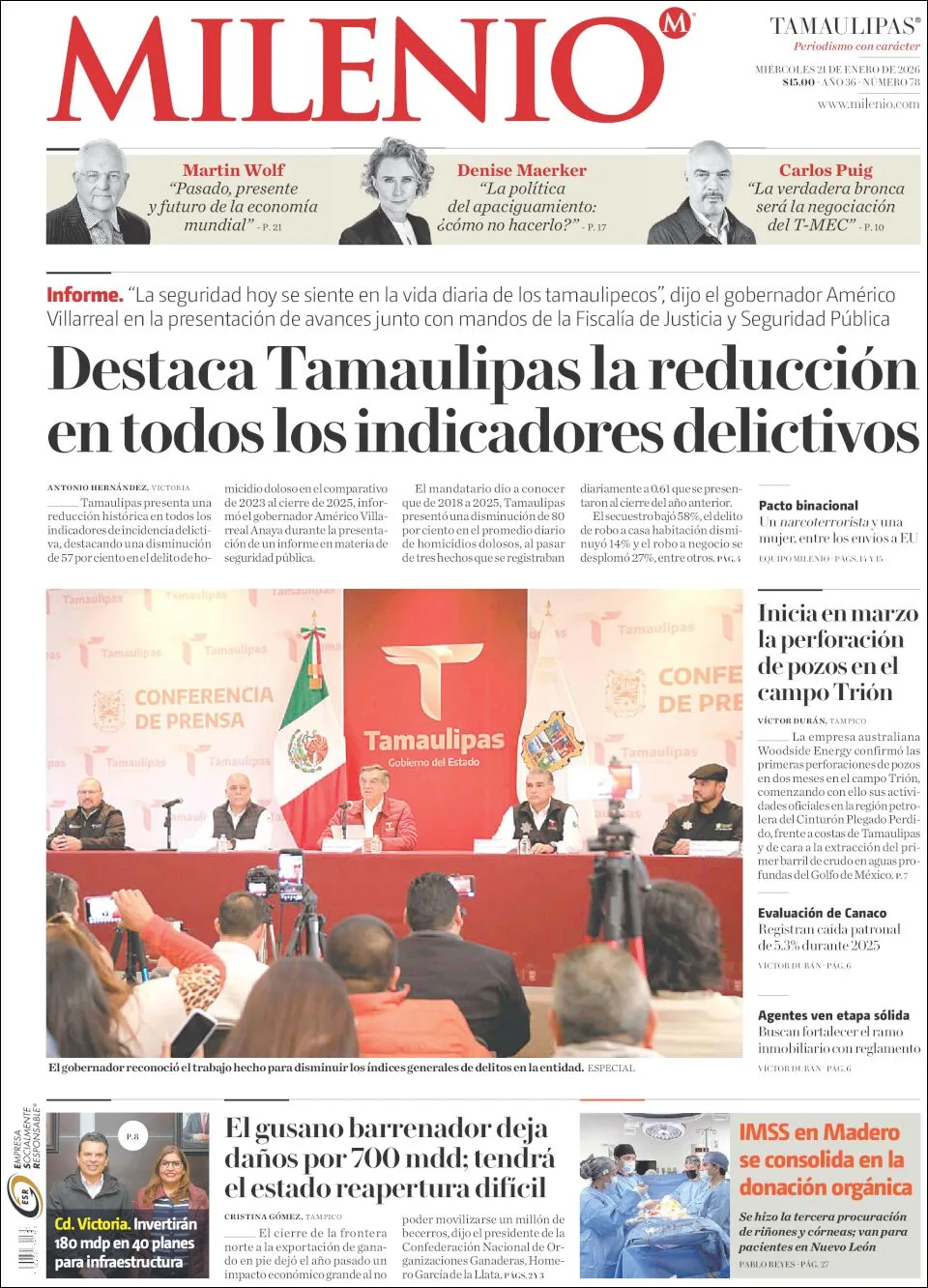 Portada de Milenio Tamaulipas del miércoles, 21 de enero de 2026