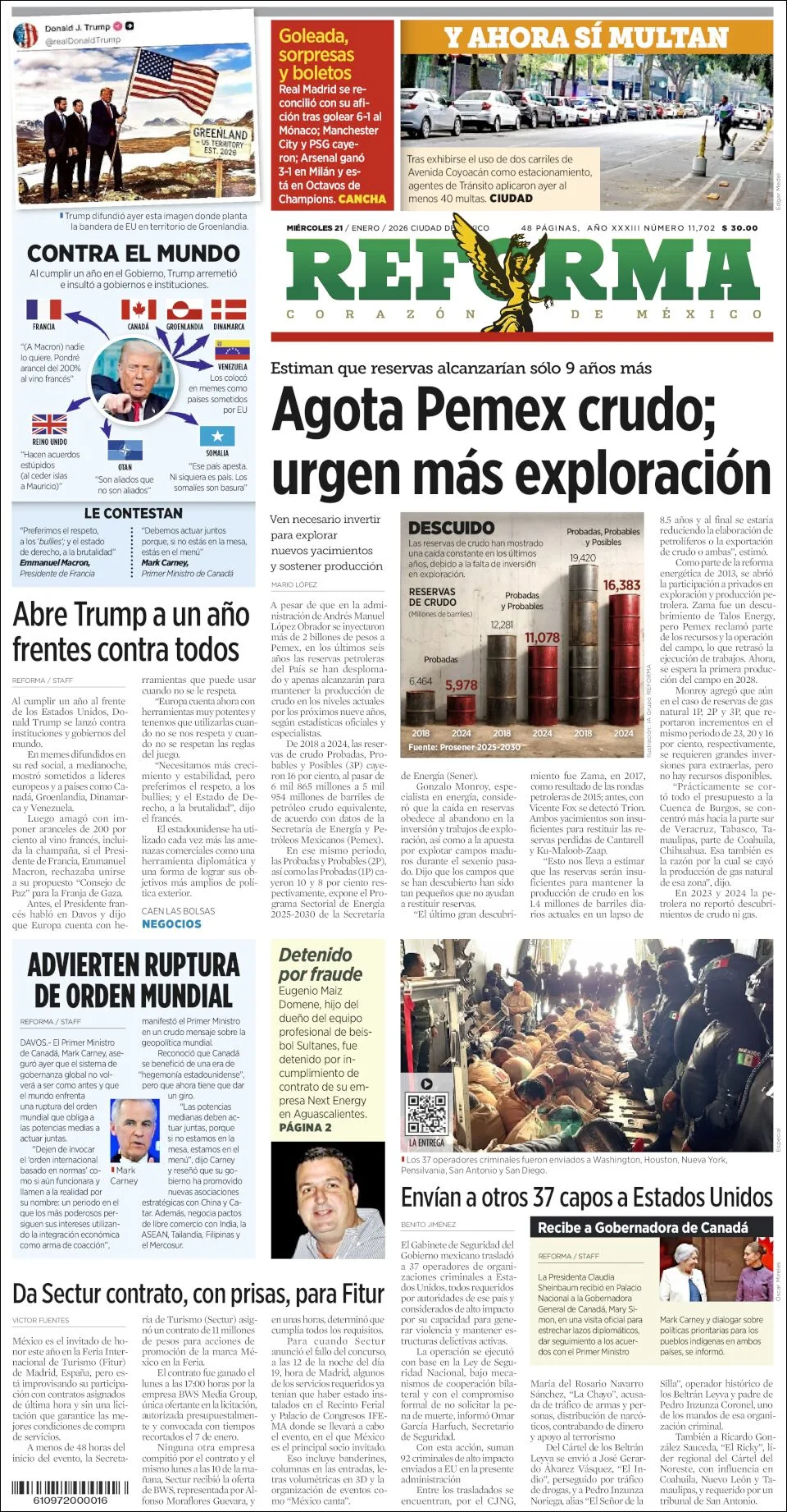 Portada de Reforma del miércoles, 21 de enero de 2026