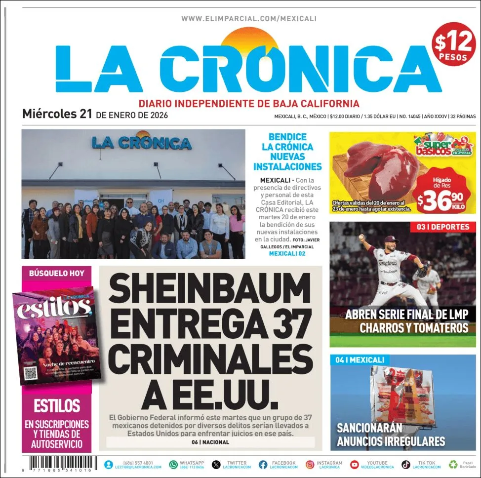 Portada de La Cronica del miércoles, 21 de enero de 2026