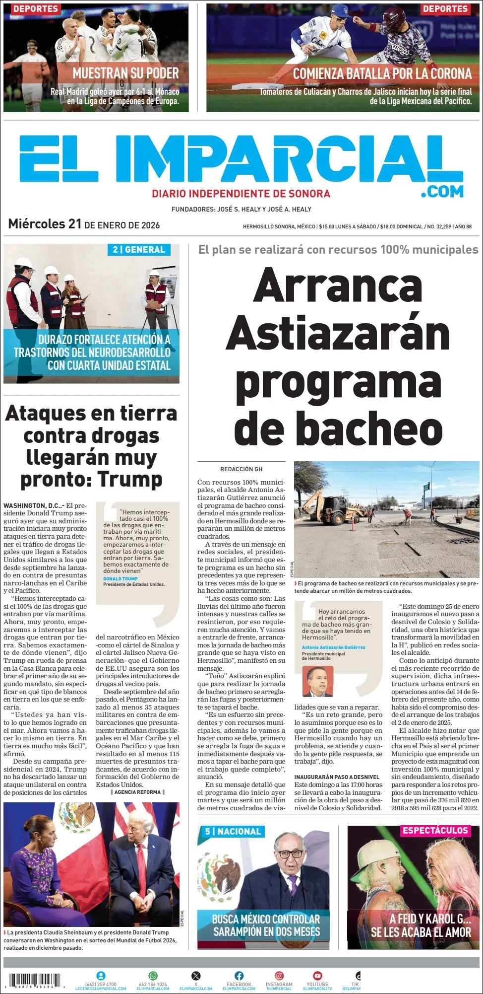 Portada de El Imparcial del miércoles, 21 de enero de 2026