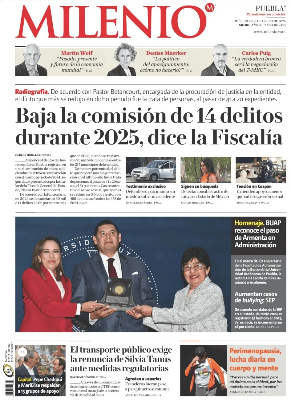 Portada de Milenio Puebla del miércoles, 21 de enero de 2026