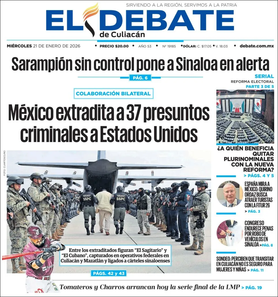 Portada de El Debate de Culiacan del miércoles, 21 de enero de 2026