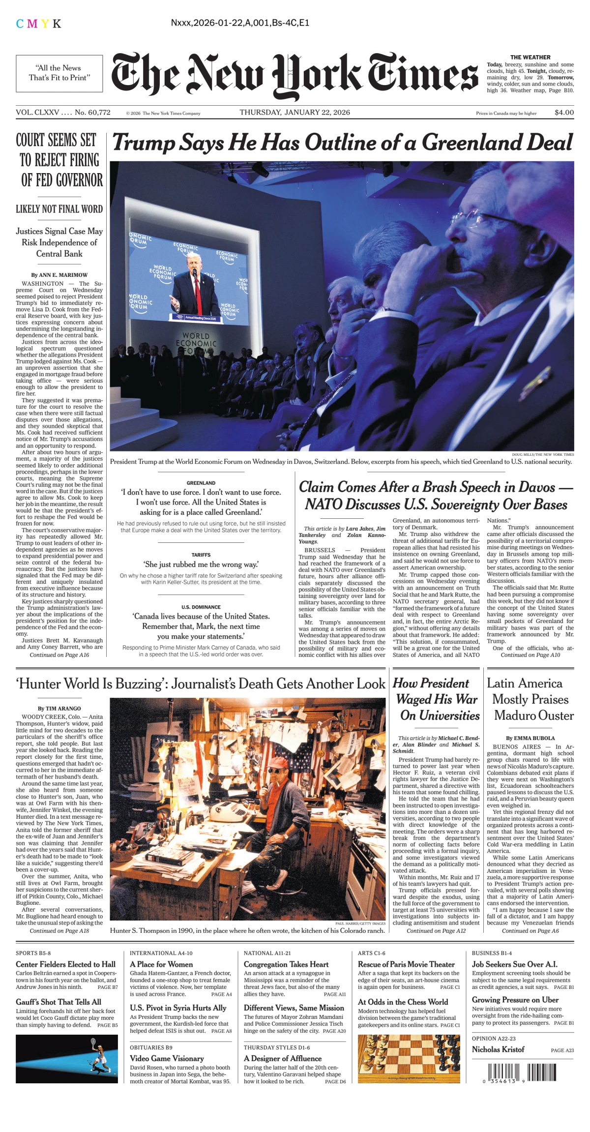 Portada de The New York Times (new York) del jueves, 22 de enero de 2026