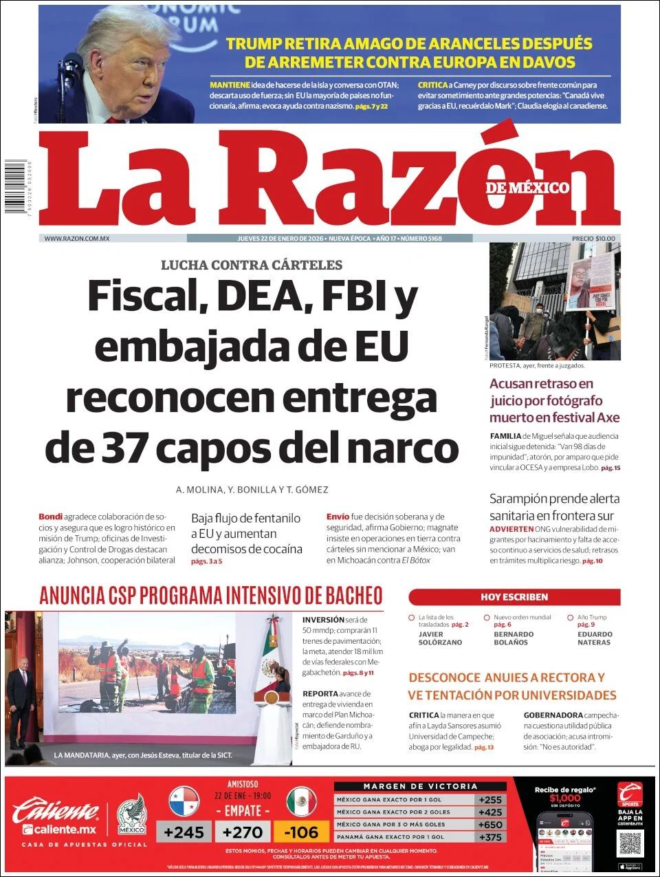 Portada de La Razon del jueves, 22 de enero de 2026