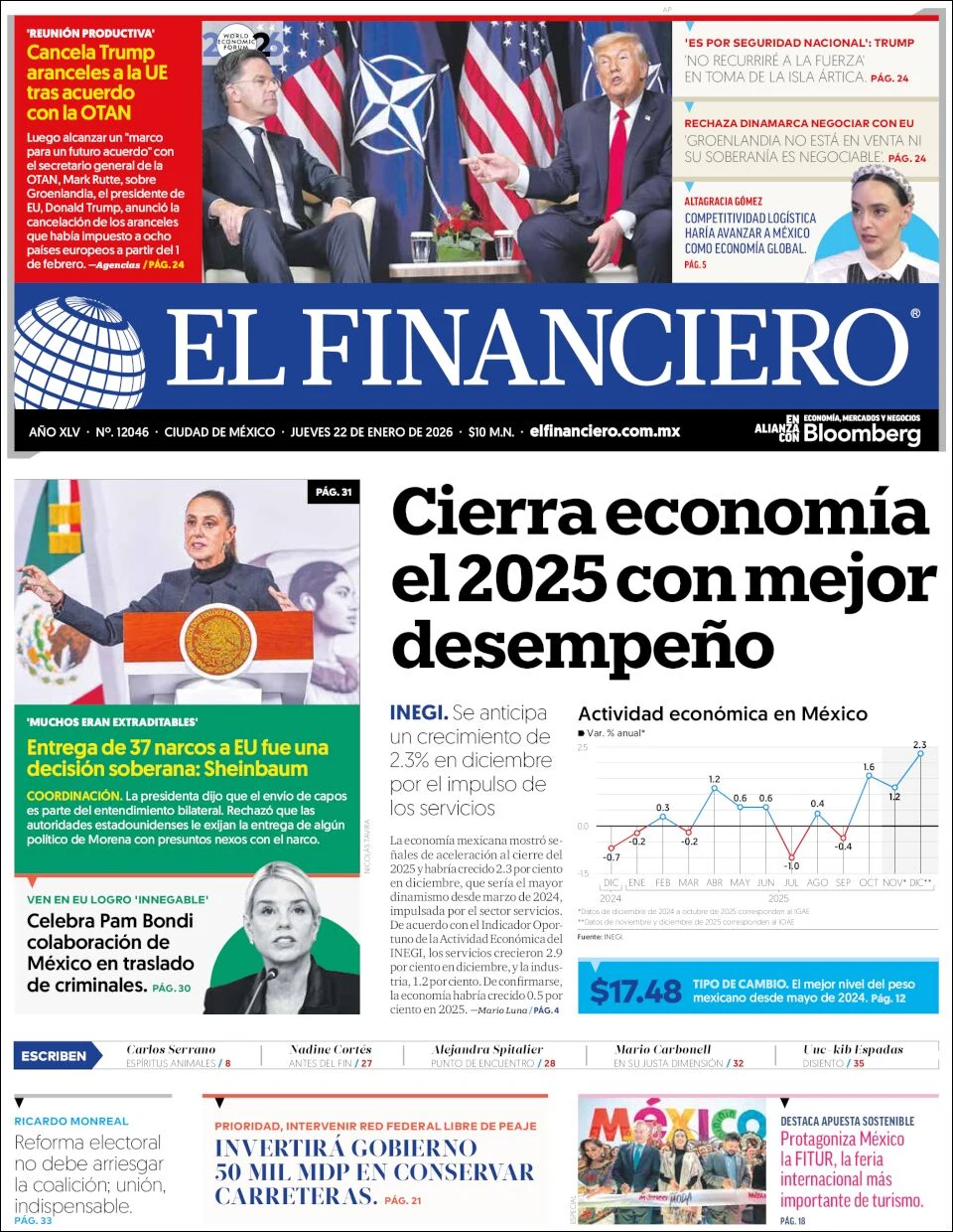 Portada de El Financiero del jueves, 22 de enero de 2026