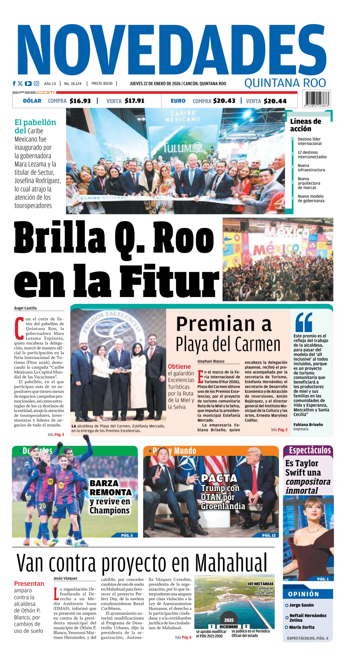 Portada de Novedades Quintana Roo del jueves, 22 de enero de 2026