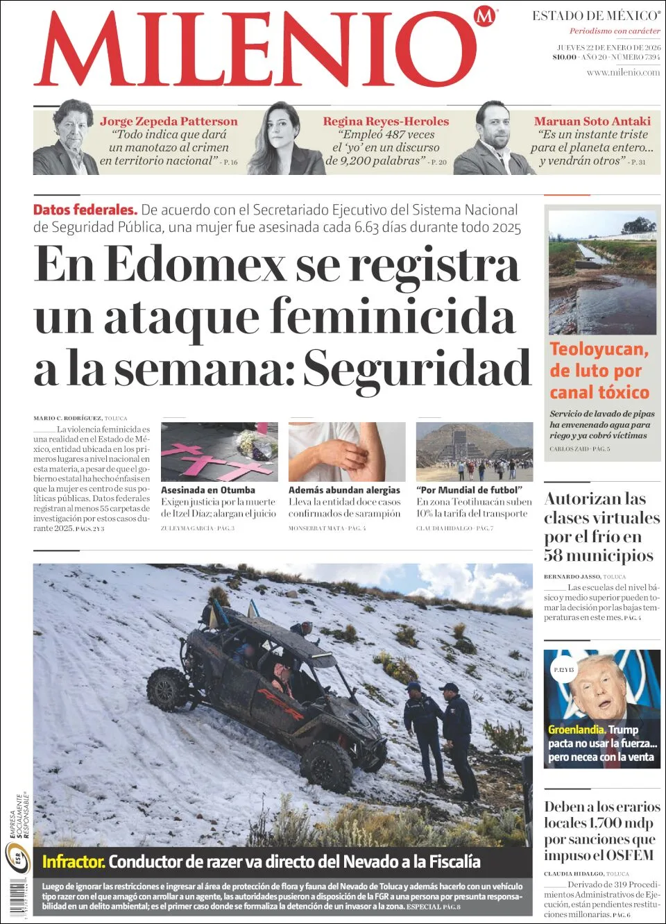 Portada de Milenio Edo de Mexico del jueves, 22 de enero de 2026