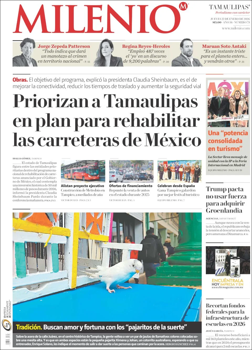 Portada de Milenio Tamaulipas del jueves, 22 de enero de 2026