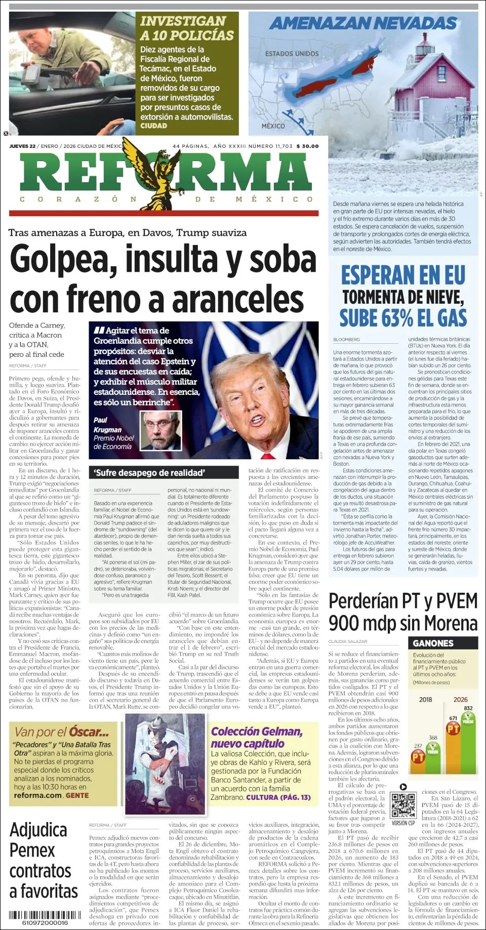 Portada de Reforma del jueves, 22 de enero de 2026