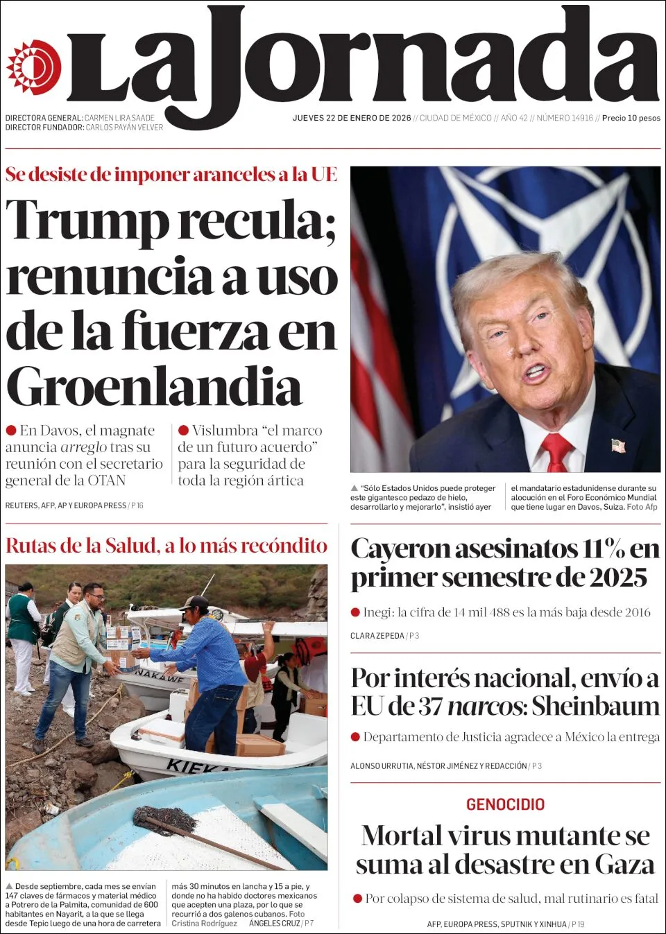 Portada de La Jornada del jueves, 22 de enero de 2026