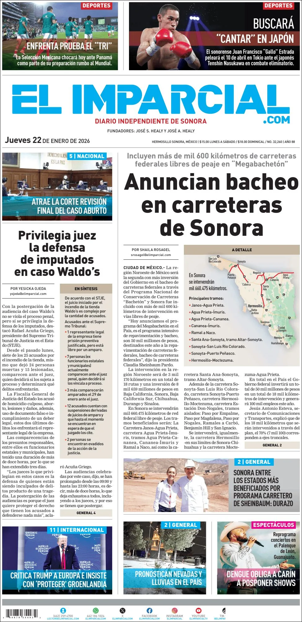 Portada de El Imparcial del jueves, 22 de enero de 2026