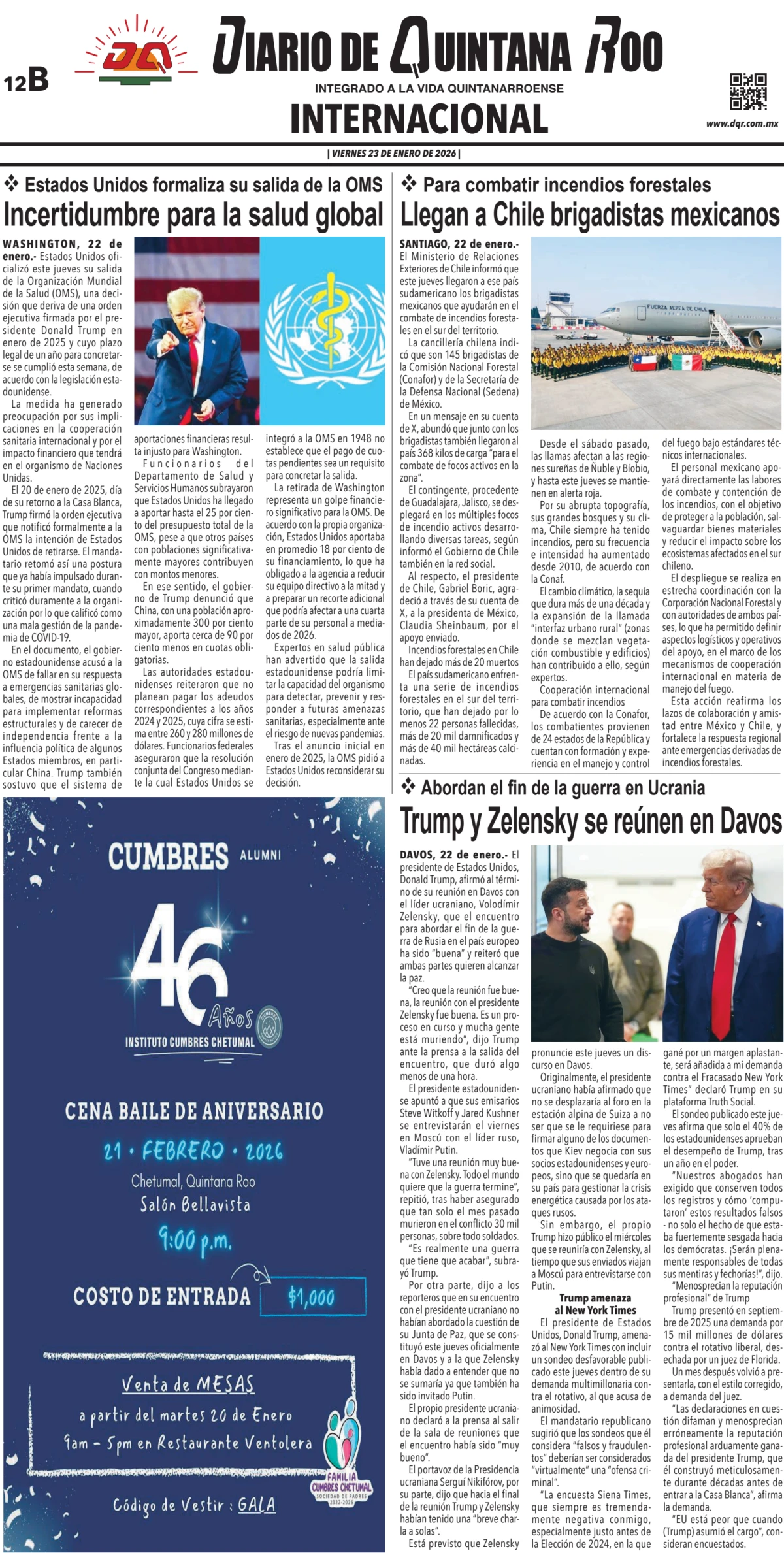 Portada de Diario de Quintana Roo (contra Portada) del viernes, 23 de enero de 2026
