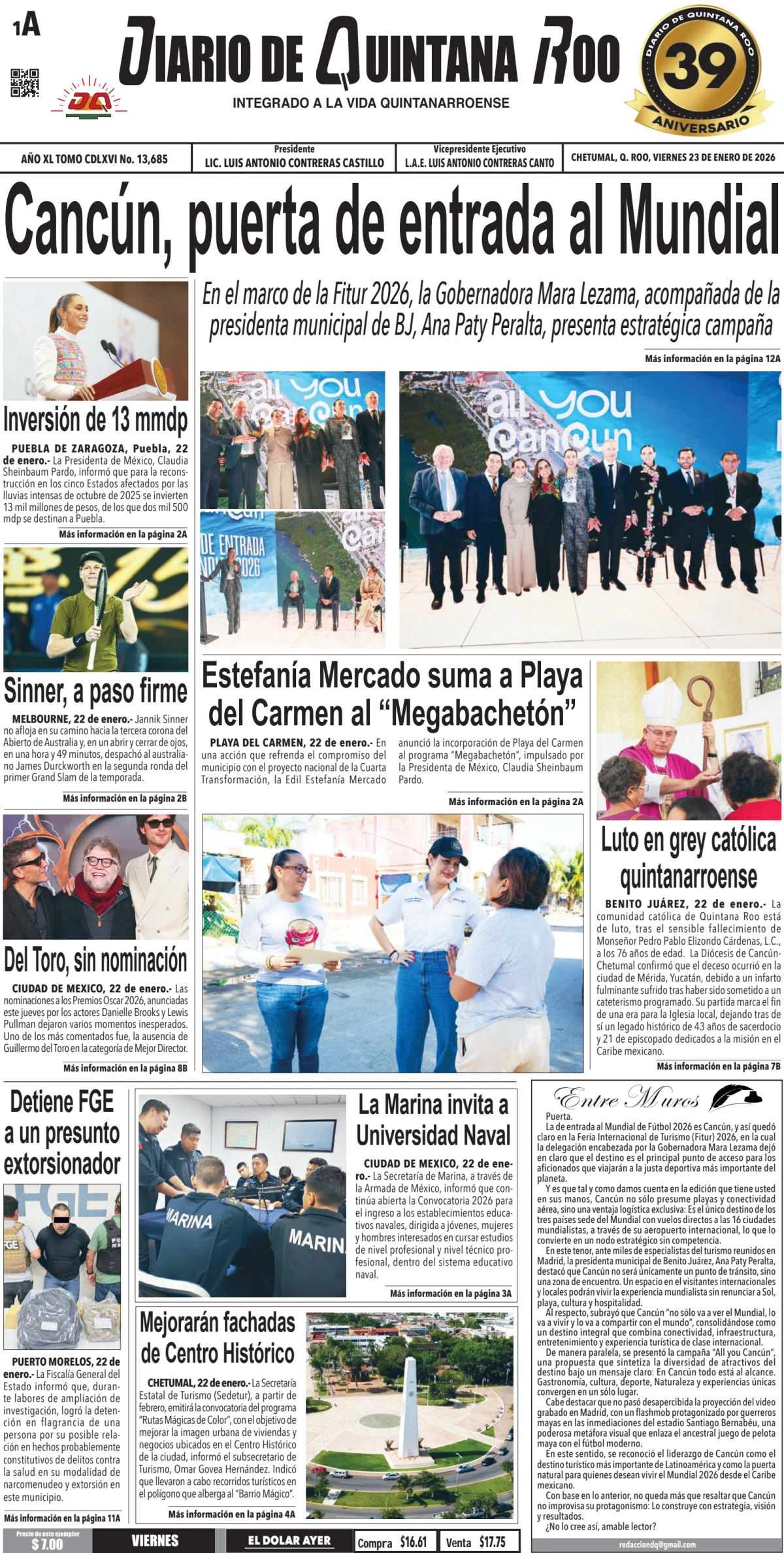Portada de Diario de Quintana Roo (portada) del viernes, 23 de enero de 2026