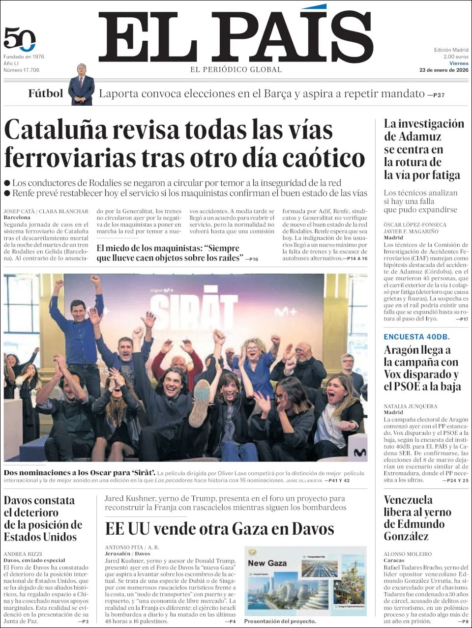 Portada de El Pais del viernes, 23 de enero de 2026