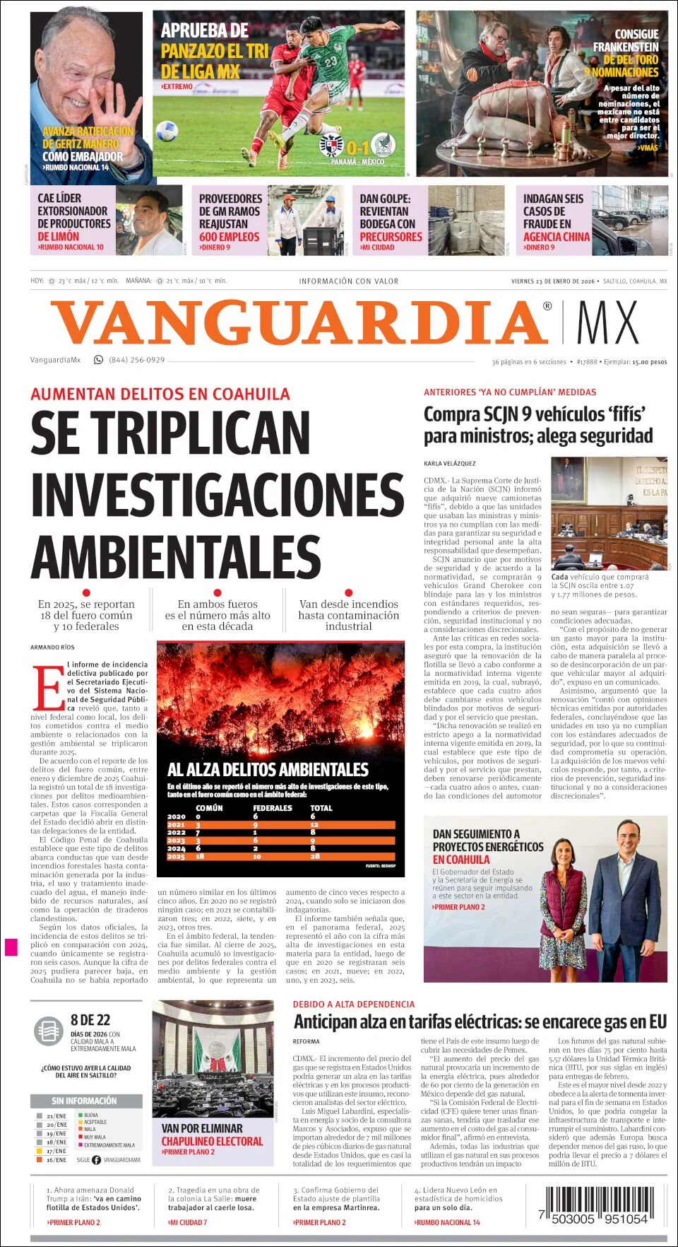Portada de Vanguardia del viernes, 23 de enero de 2026