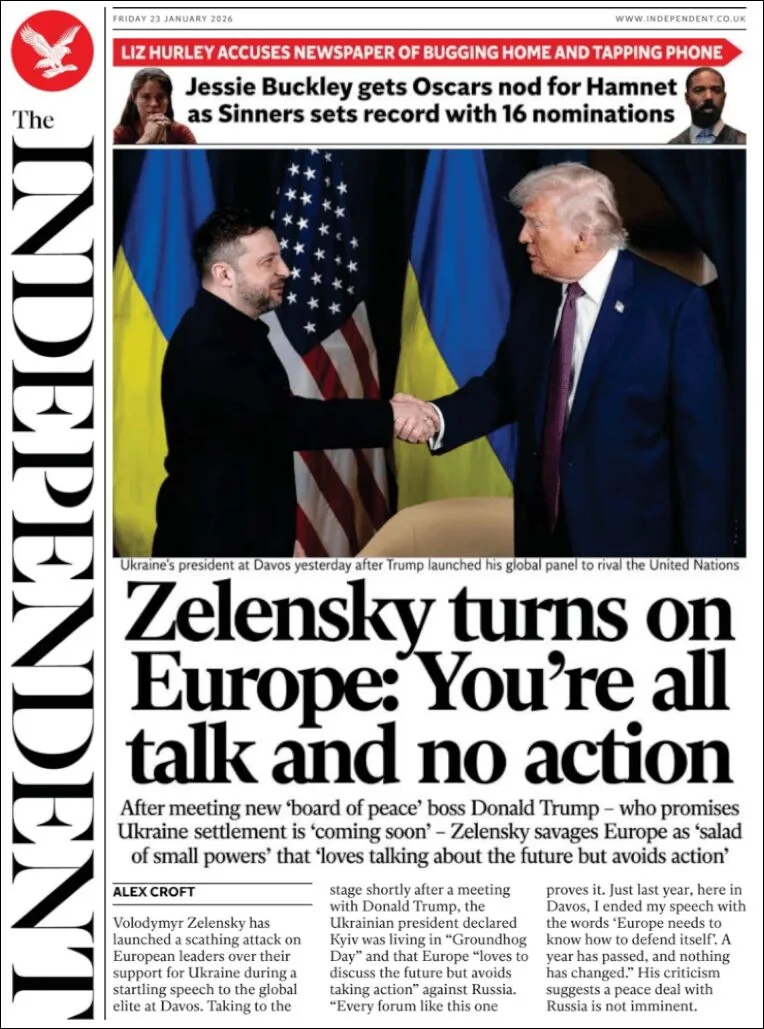 Portada de The Independent del viernes, 23 de enero de 2026