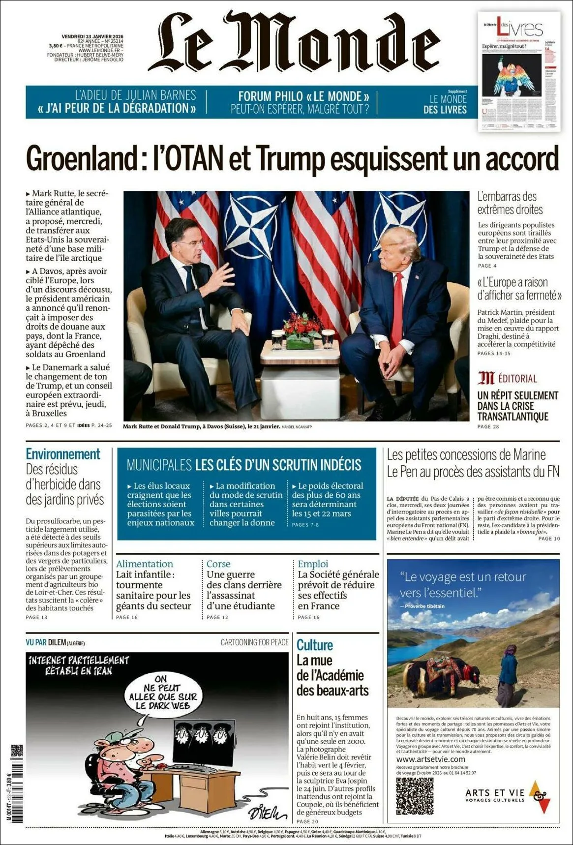 Portada de Le Monde del viernes, 23 de enero de 2026