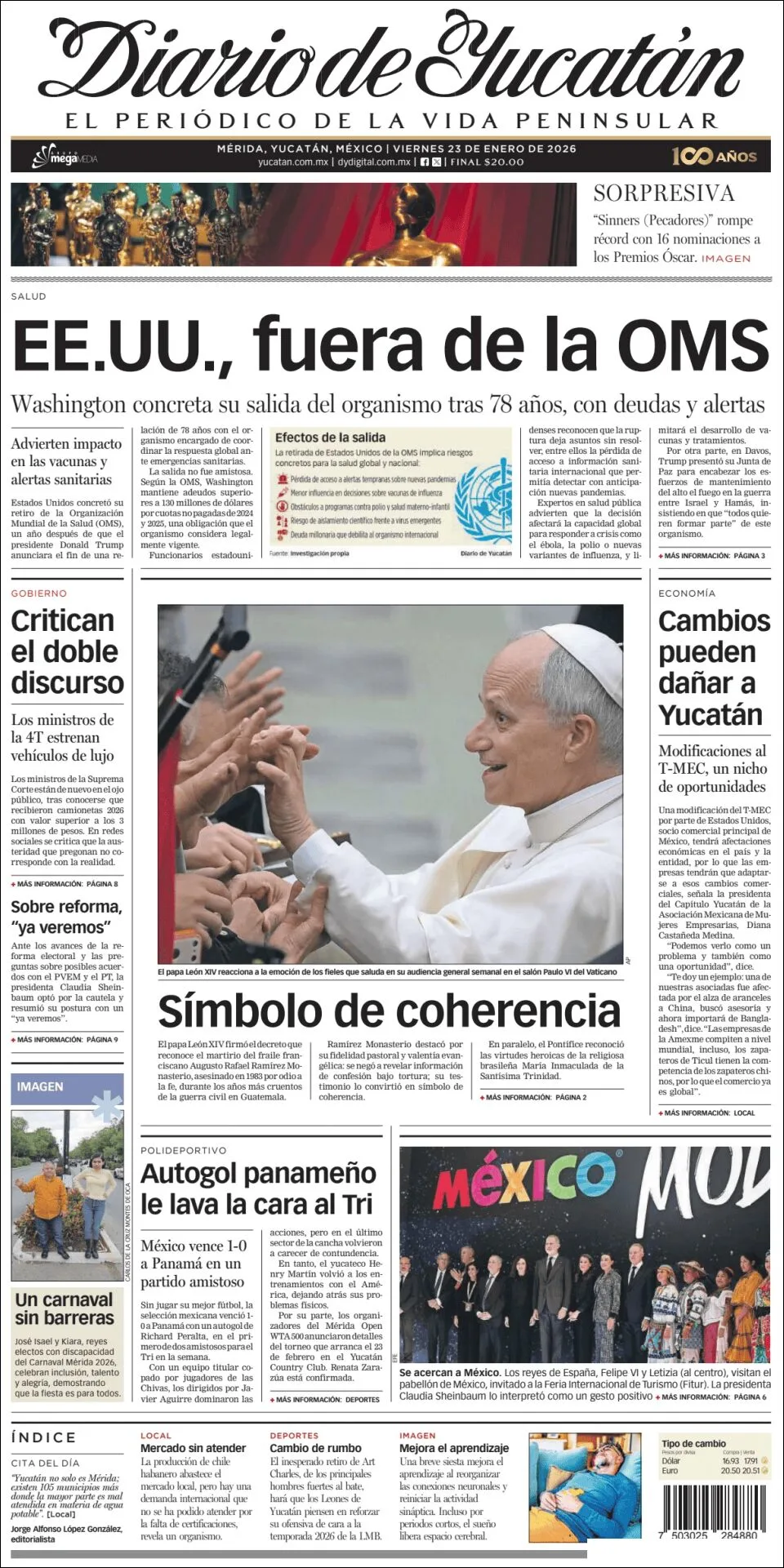 Portada de Diario de Yucatán del viernes, 23 de enero de 2026