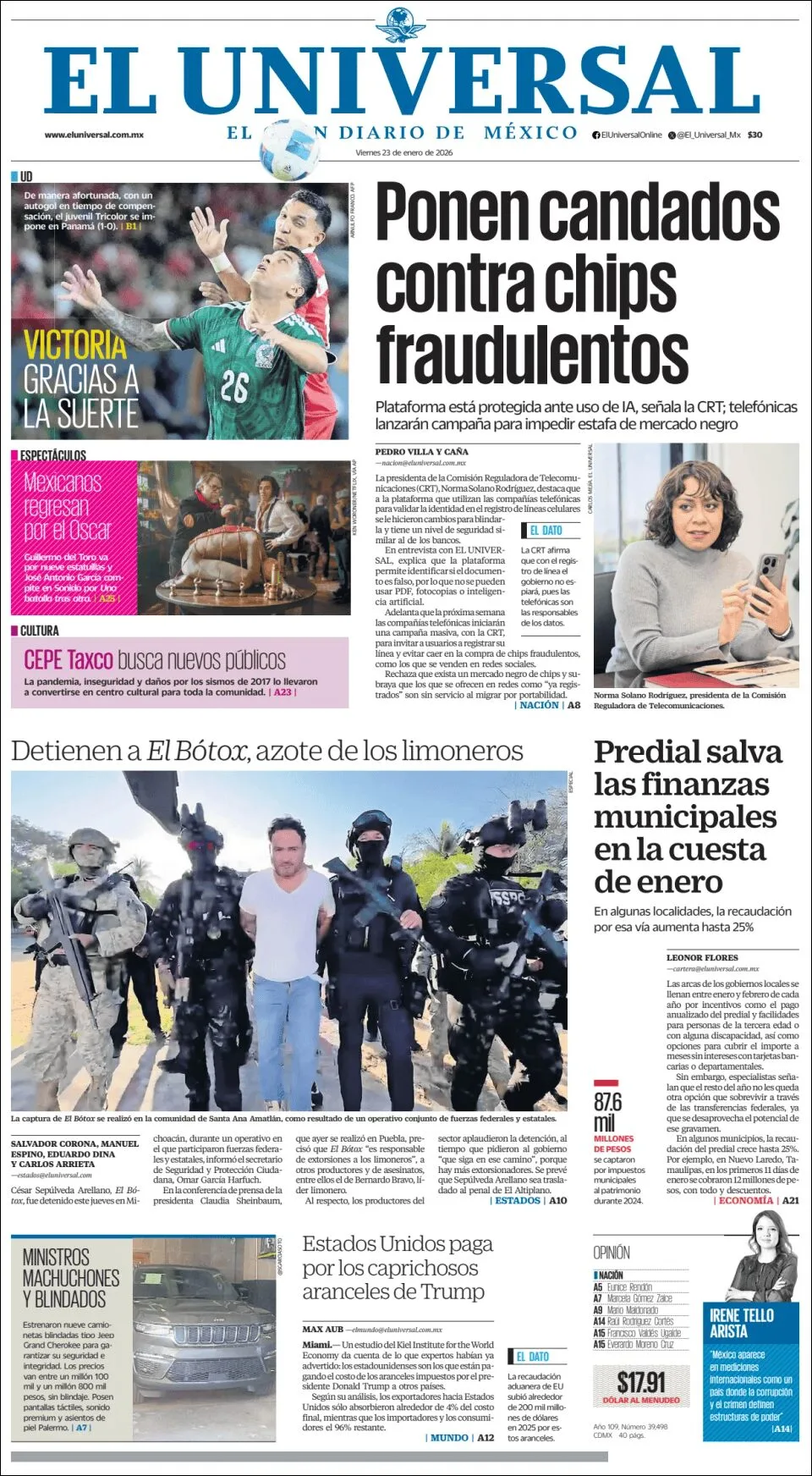Portada de El Universal del viernes, 23 de enero de 2026