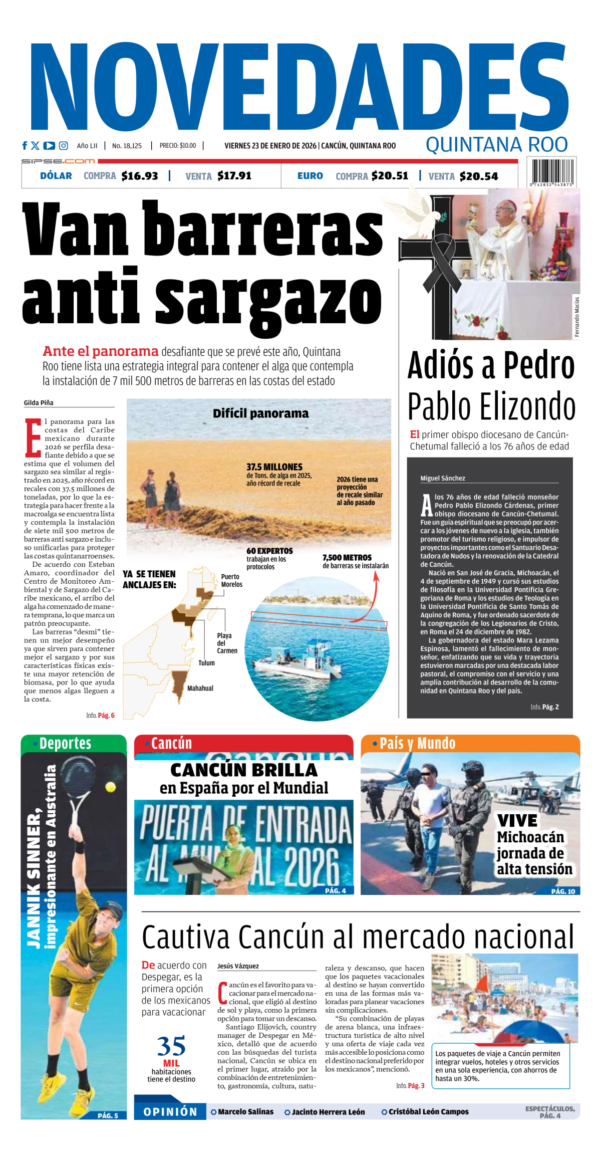 Portada de Novedades Quintana Roo del viernes, 23 de enero de 2026