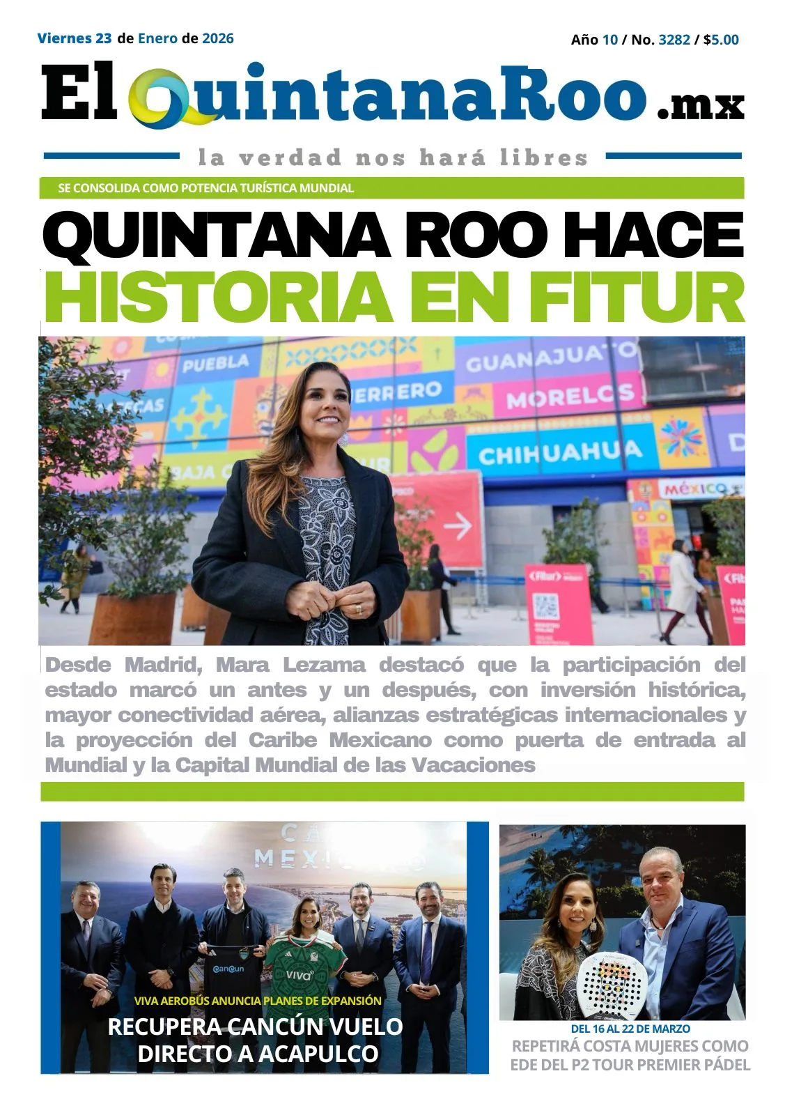 Portada de El Quintana Roo (portada) del viernes, 23 de enero de 2026