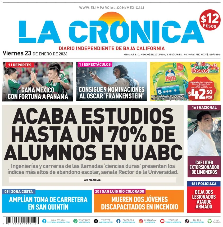 Portada de La Cronica del viernes, 23 de enero de 2026