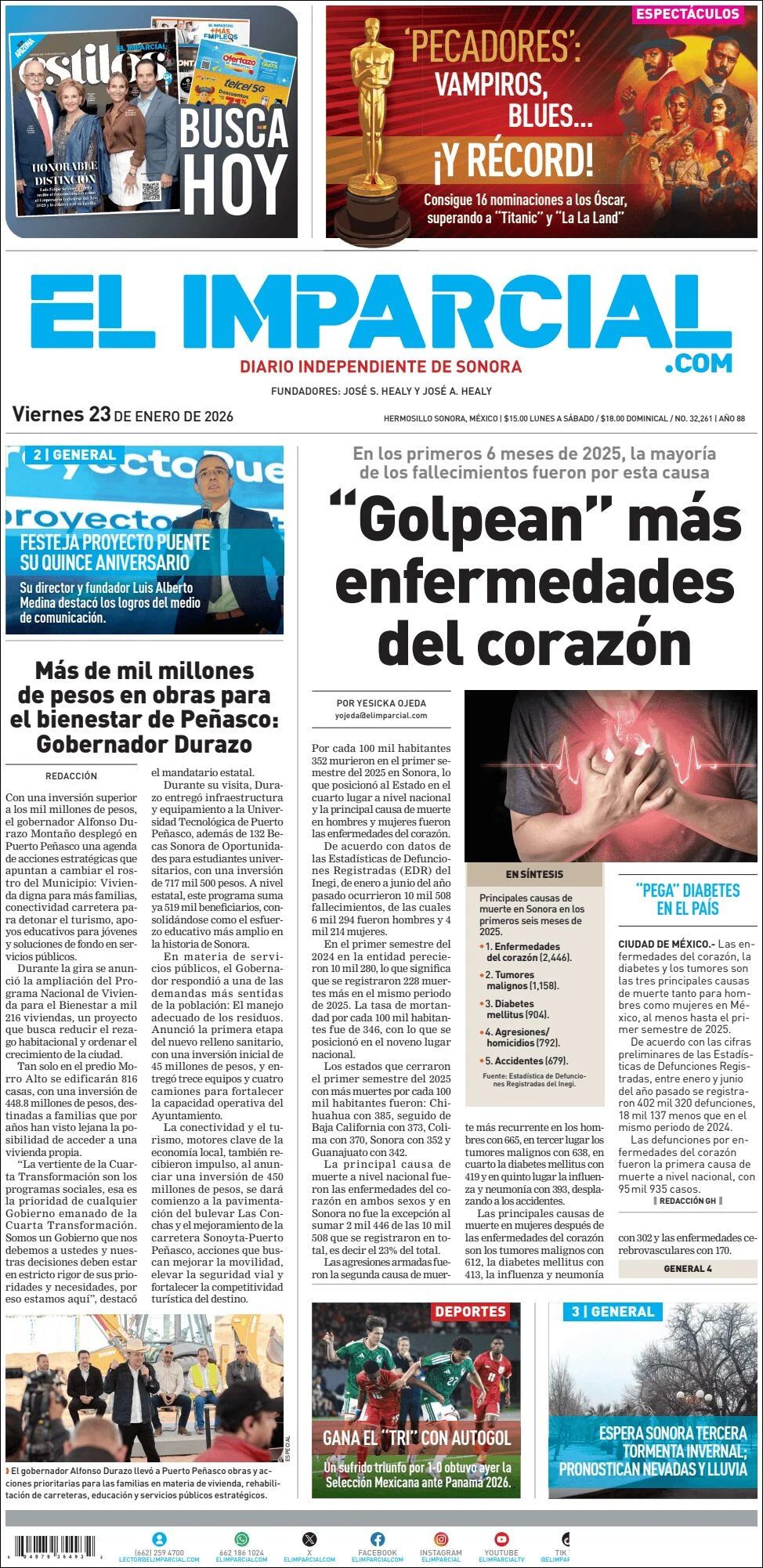 Portada de El Imparcial del viernes, 23 de enero de 2026