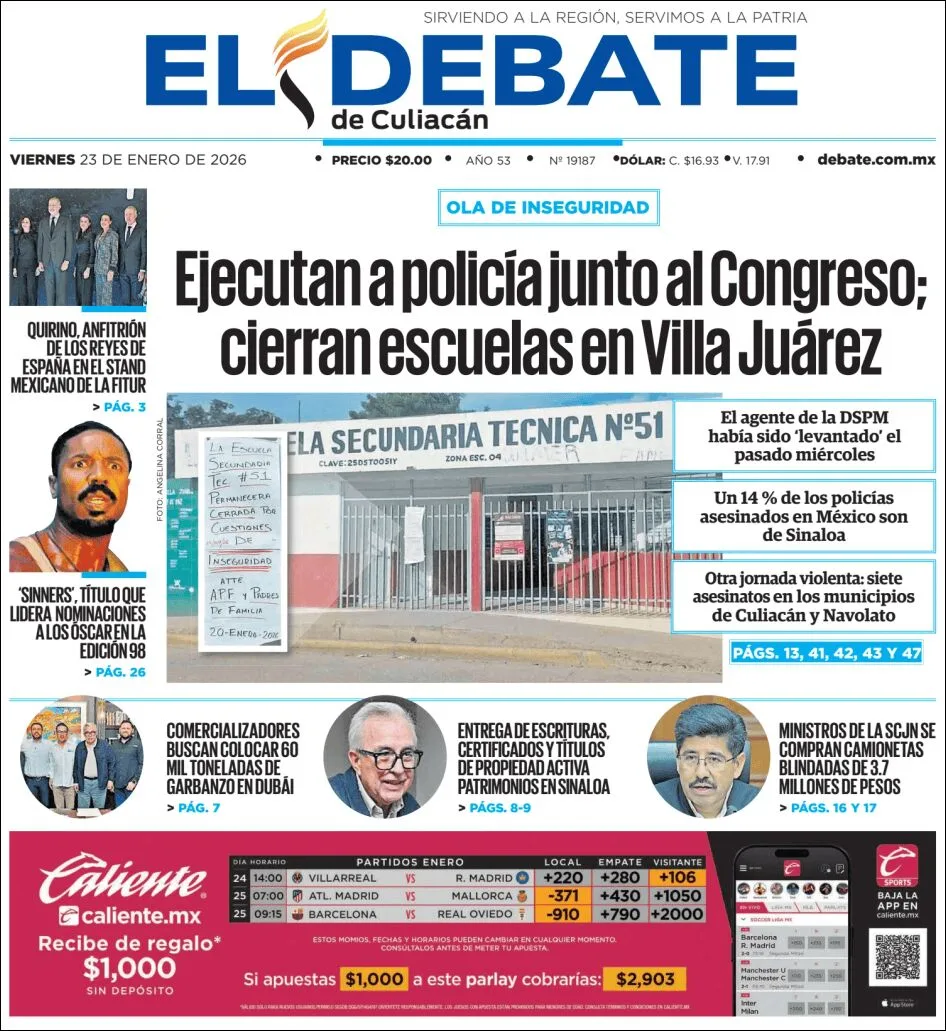 Portada de El Debate de Culiacan del viernes, 23 de enero de 2026