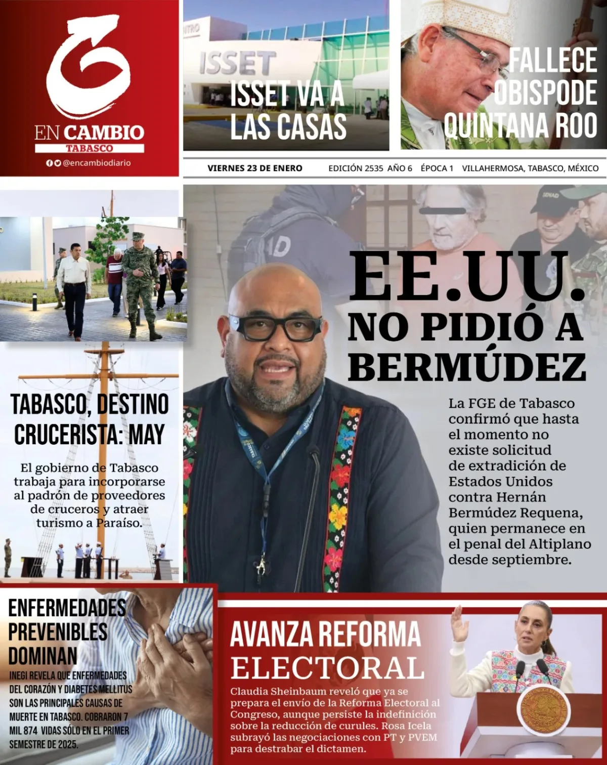 Portada de En Cambio - Tabasco (portada) del viernes, 23 de enero de 2026