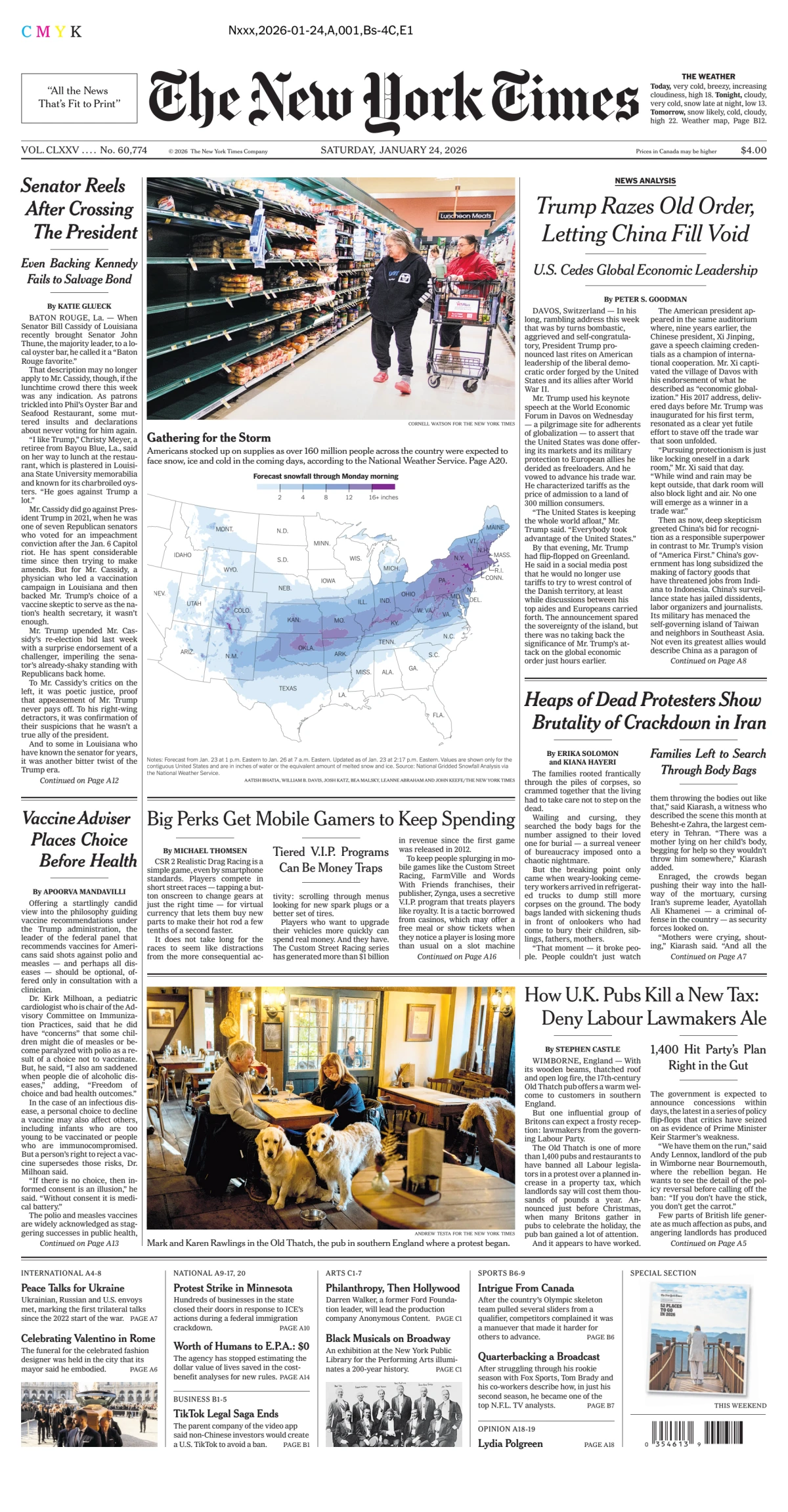 Portada de The New York Times (new York) del sábado, 24 de enero de 2026