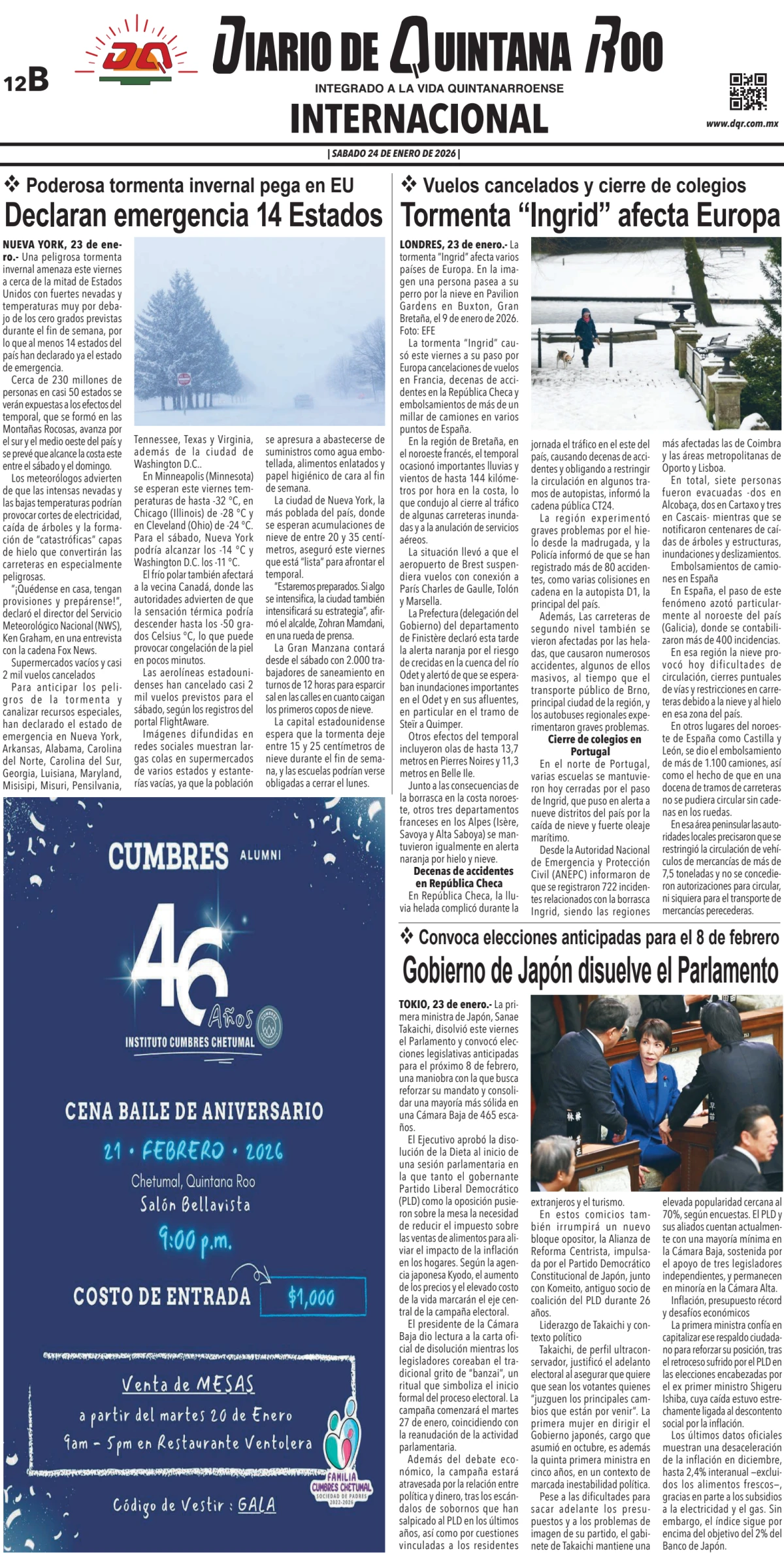 Portada de Diario de Quintana Roo (contra Portada) del sábado, 24 de enero de 2026