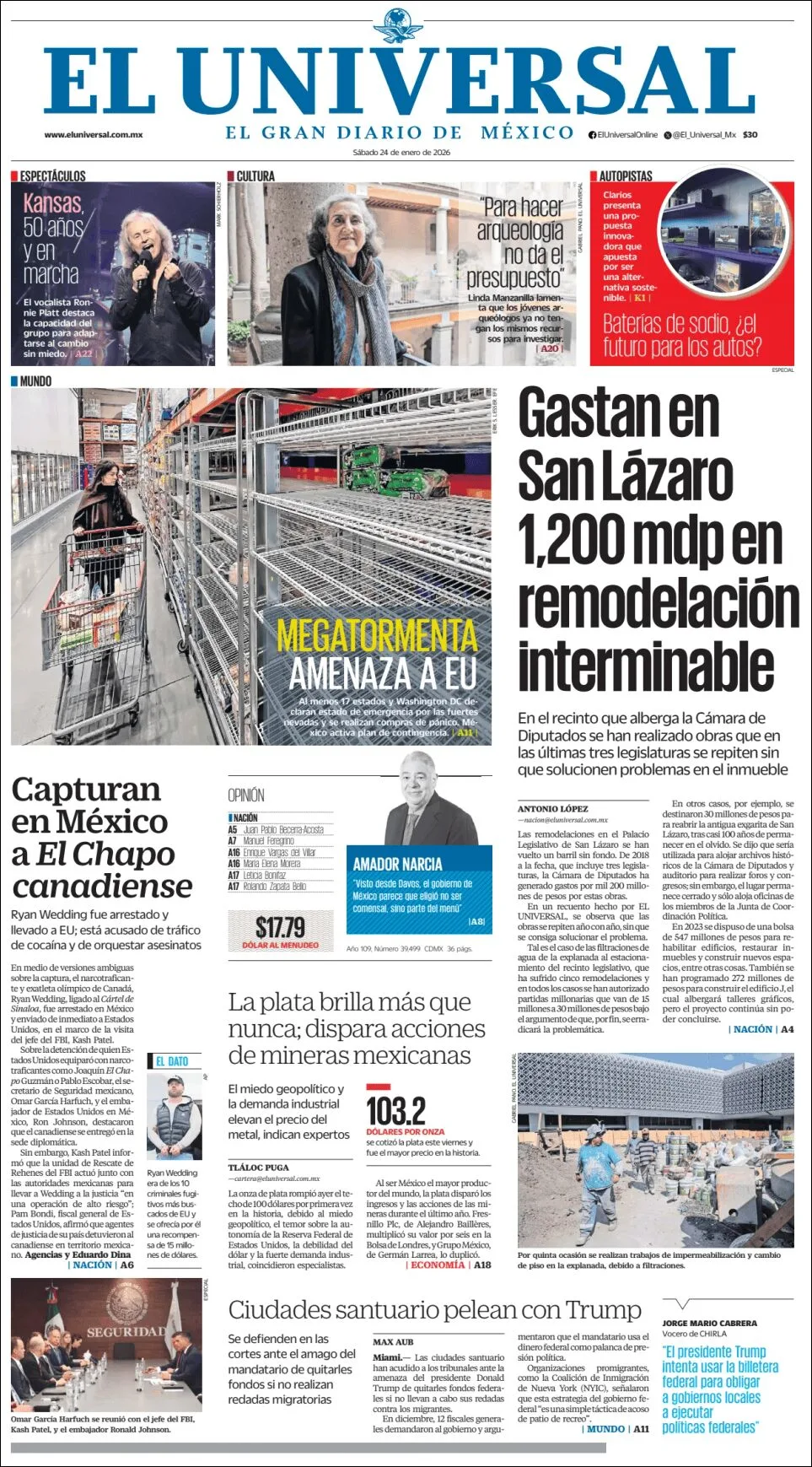 Portada de El Universal del sábado, 24 de enero de 2026