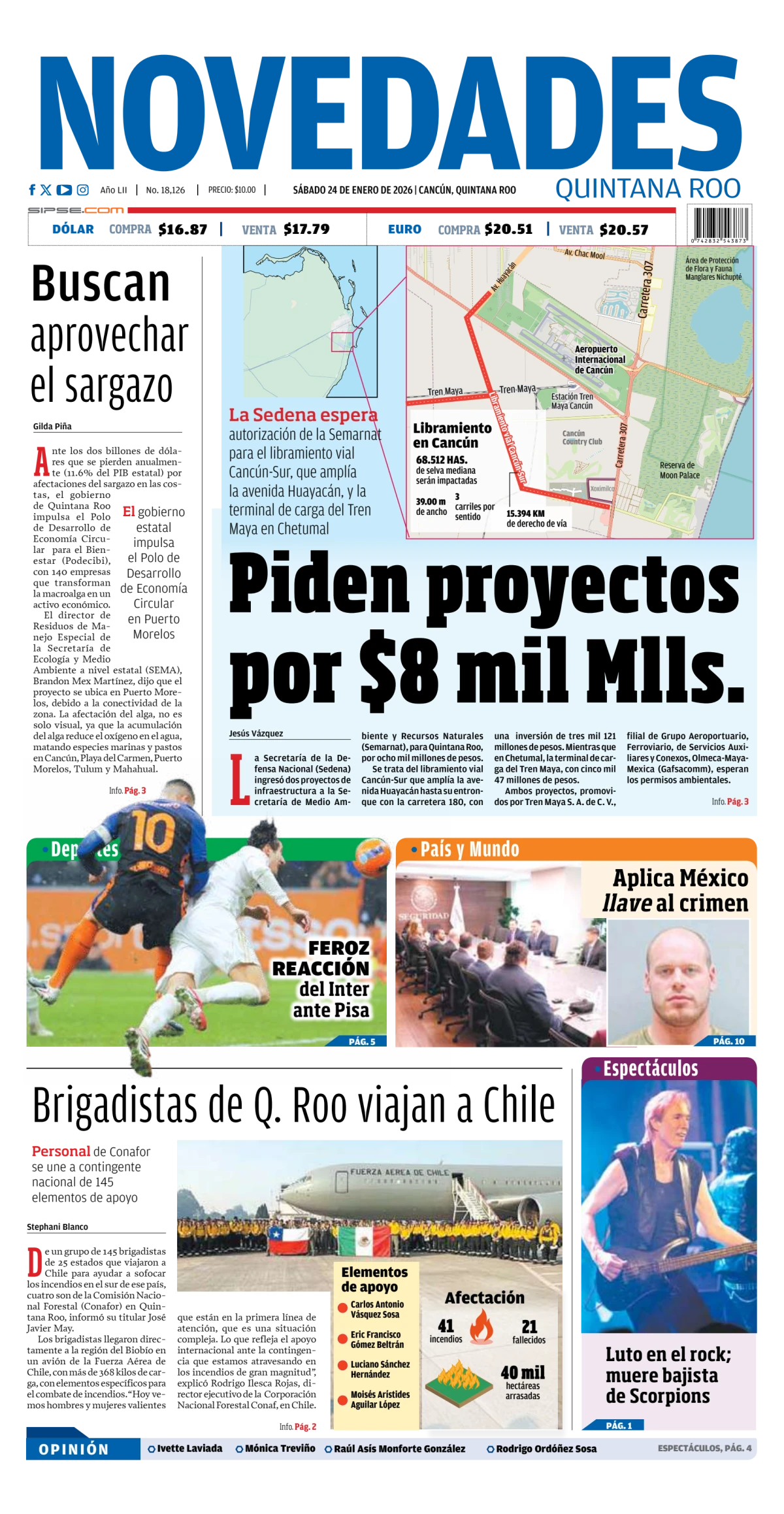 Portada de Novedades Quintana Roo del sábado, 24 de enero de 2026
