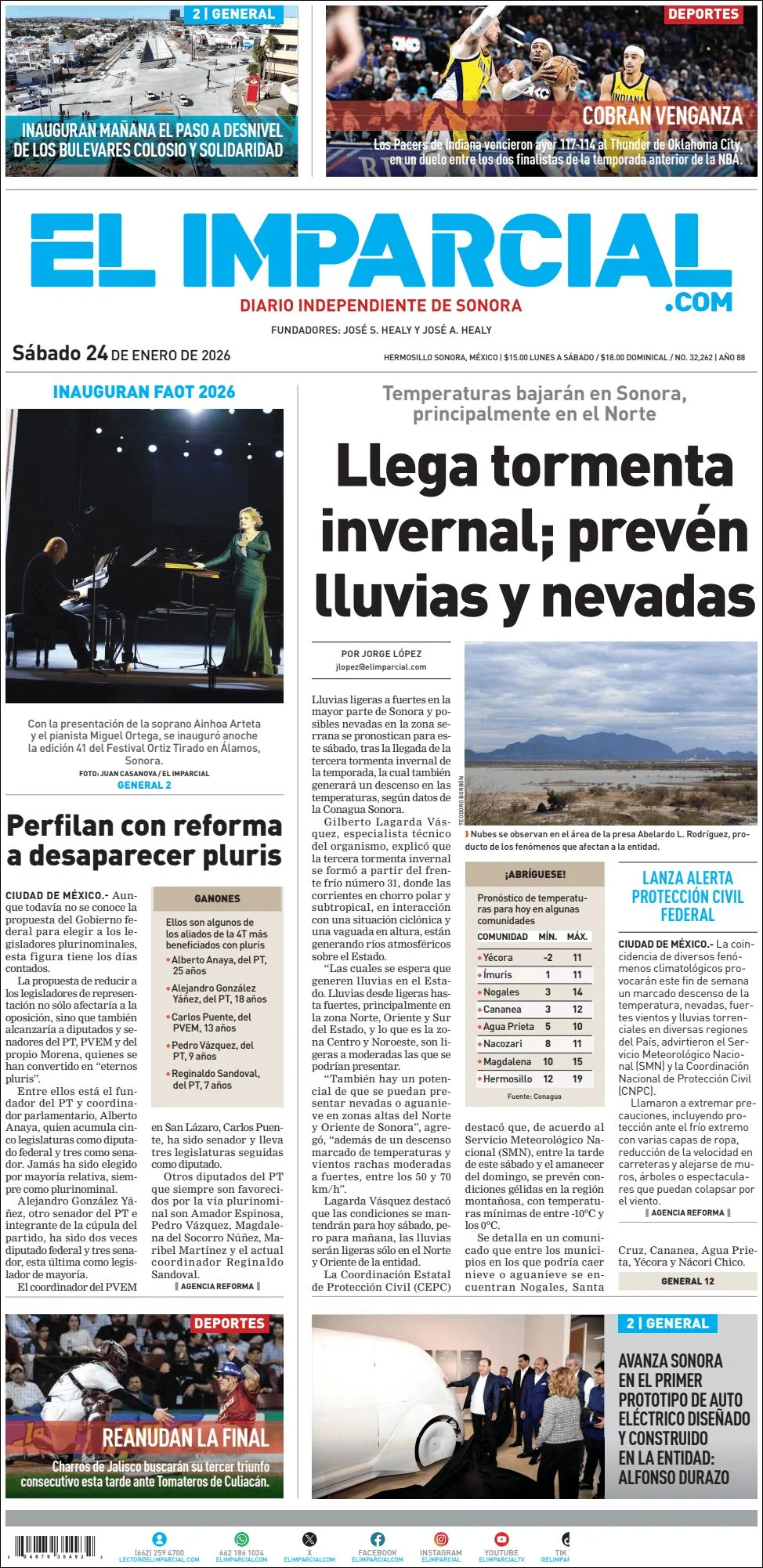 Portada de El Imparcial del sábado, 24 de enero de 2026