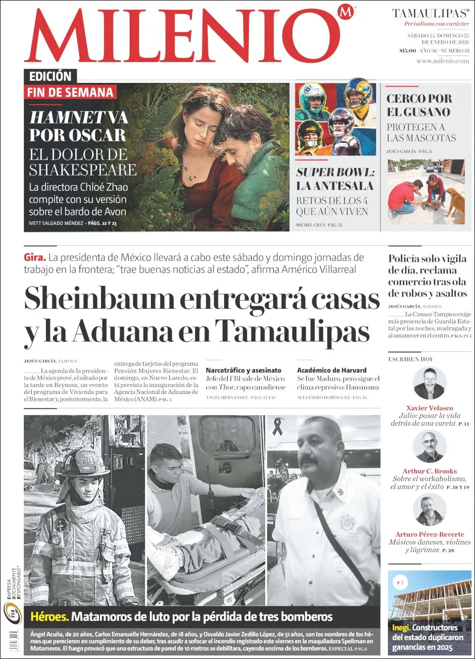 Portada de Milenio Tamaulipas del sábado, 24 de enero de 2026