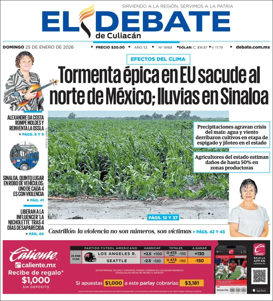 Portada de El Debate de Culiacan del domingo, 25 de enero de 2026