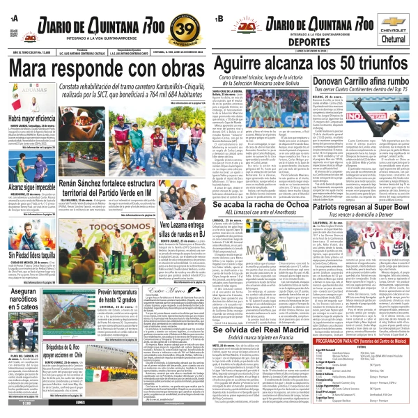 Portada de Diario de Quintana Roo (portada) del lunes, 26 de enero de 2026