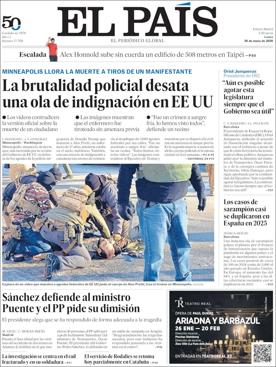 Portada de El Pais del lunes, 26 de enero de 2026